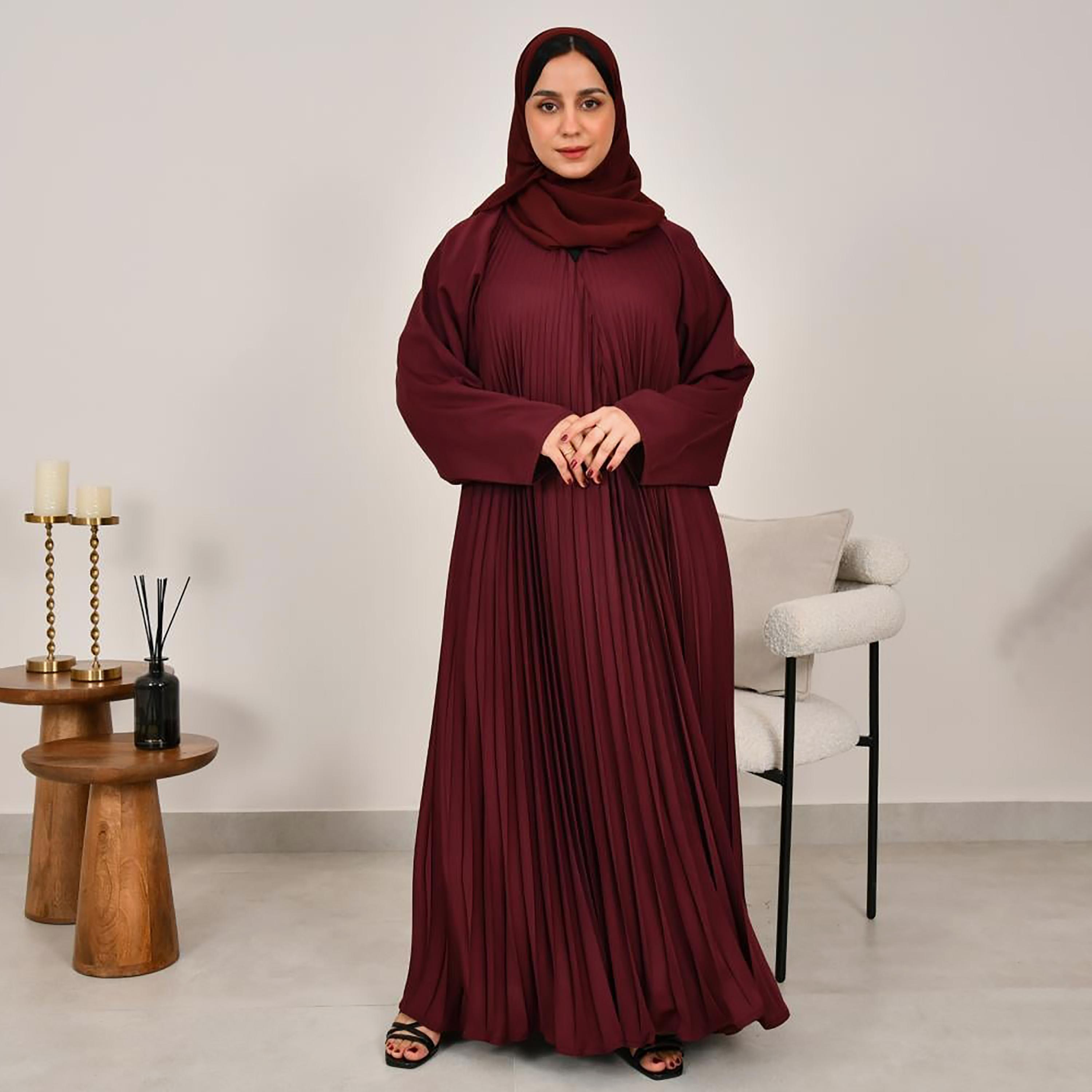 عباية نسائية من الكتان باللون العنابي مع حجاب من لمحة-women-arabicclothing-abayas-image-1