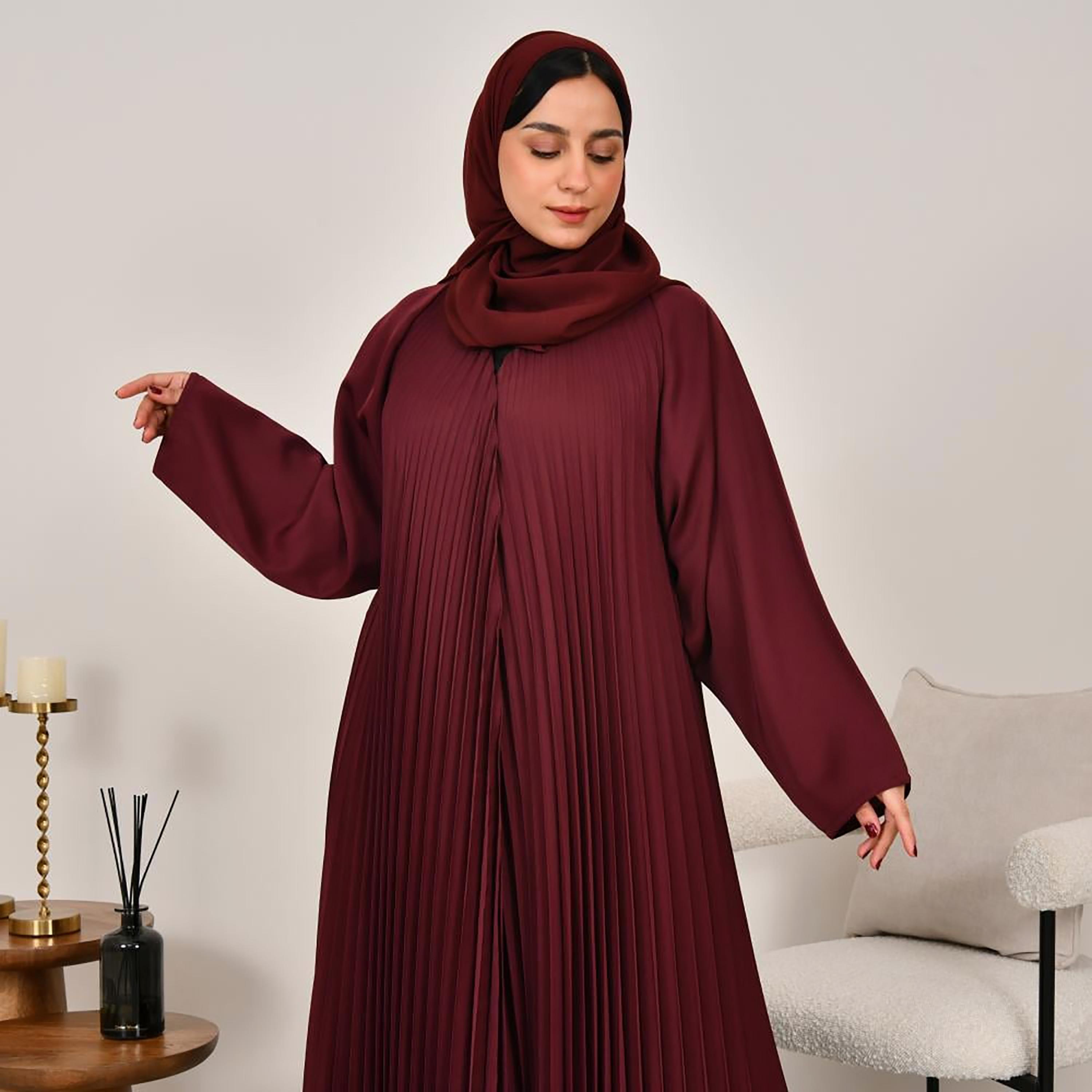عباية نسائية من الكتان باللون العنابي مع حجاب من لمحة-women-arabicclothing-abayas-image-2