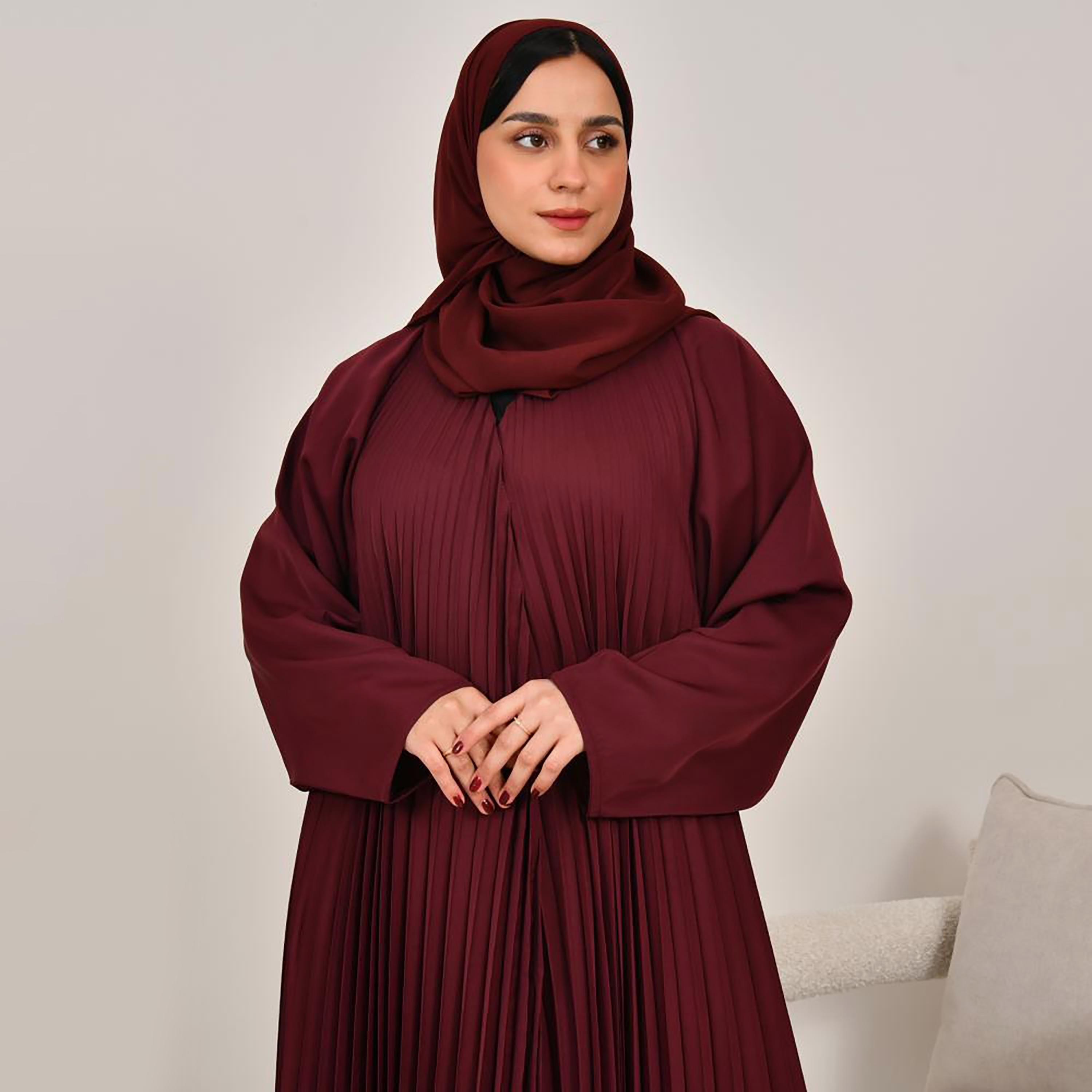 عباية نسائية من الكتان باللون العنابي مع حجاب من لمحة-women-arabicclothing-abayas-image-3