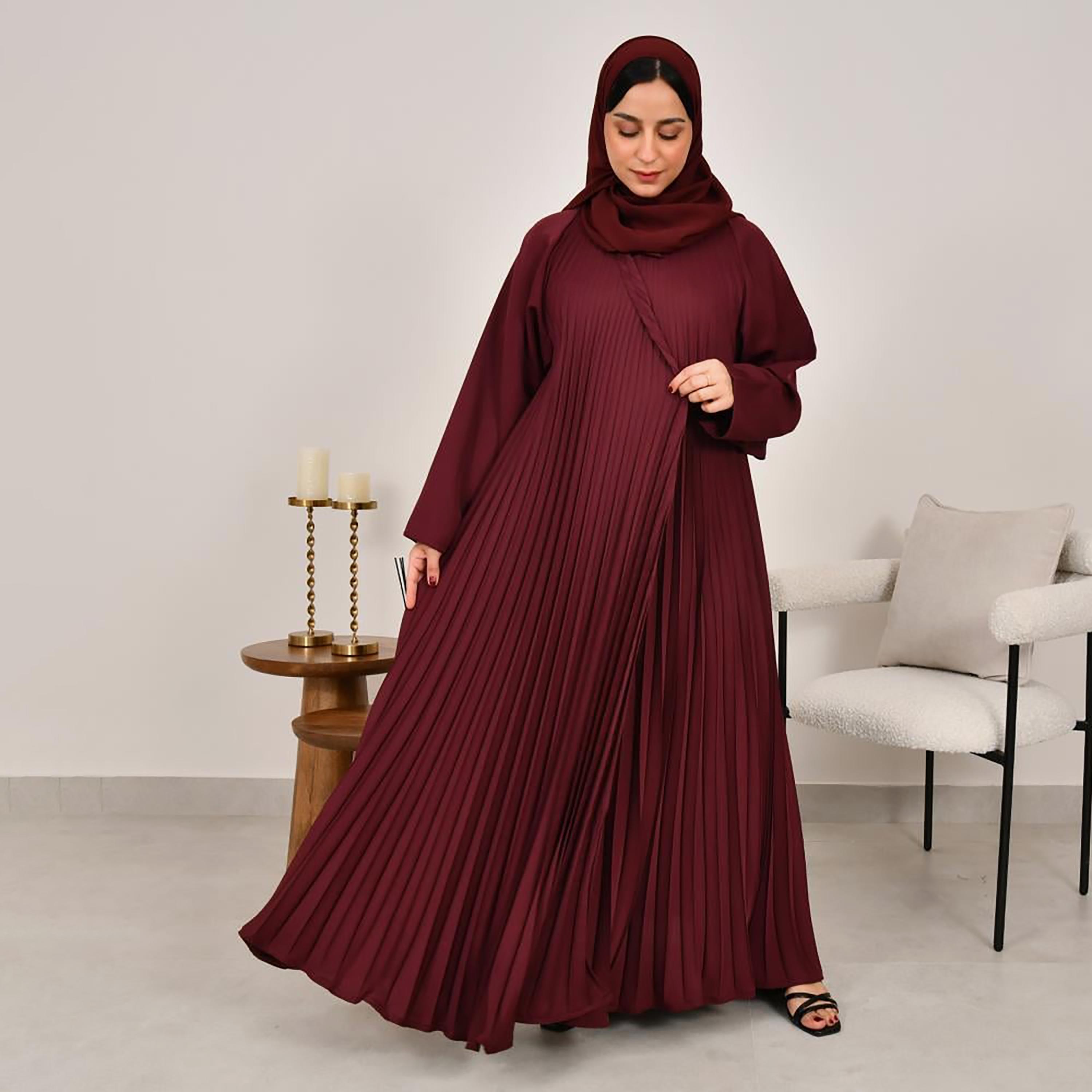 عباية نسائية من الكتان باللون العنابي مع حجاب من لمحة-women-arabicclothing-abayas-image-4