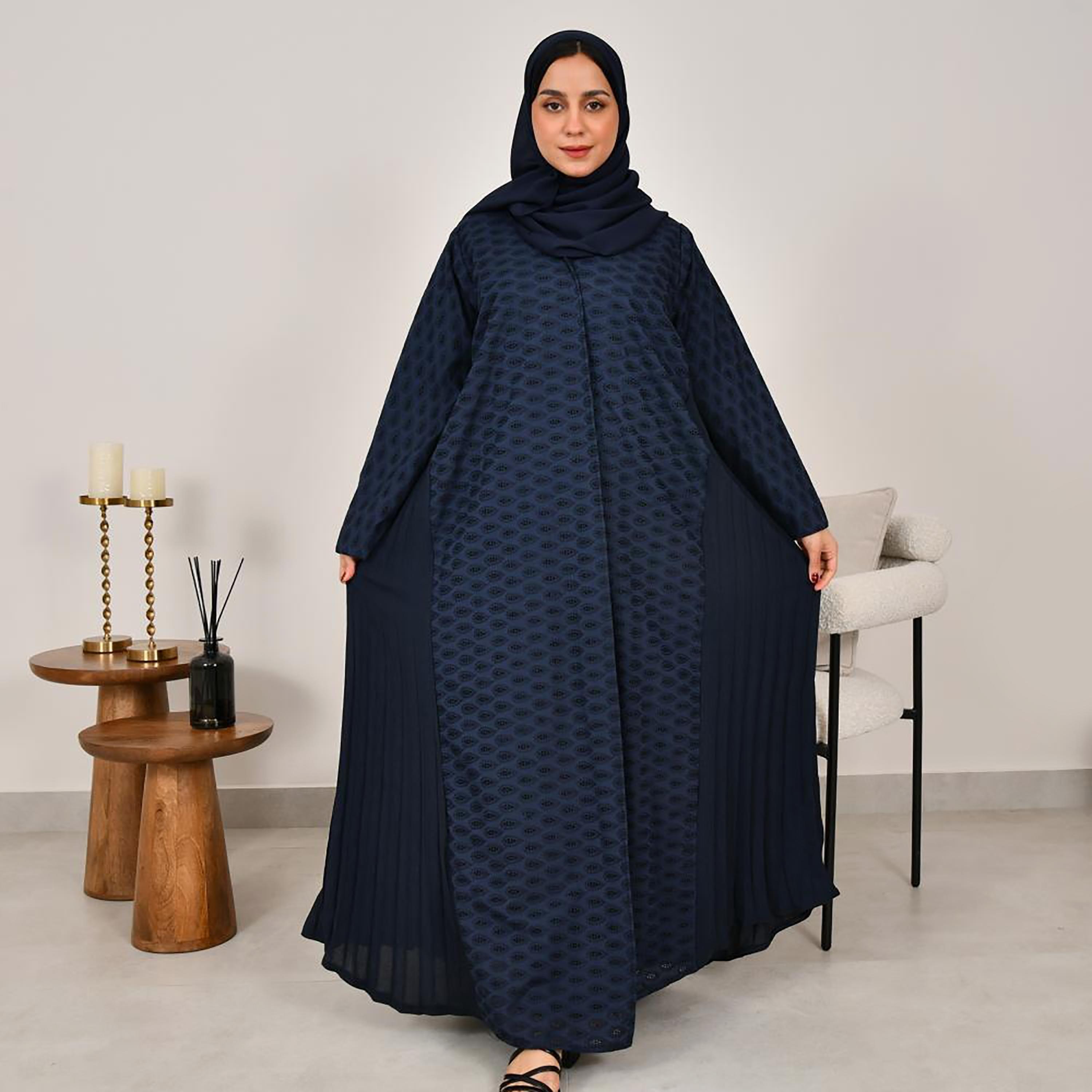 Lamha Navy Blue Schiffli Side Pleated Linen Women's Abaya with Hijab-women-arabicclothing-abayas-image-1