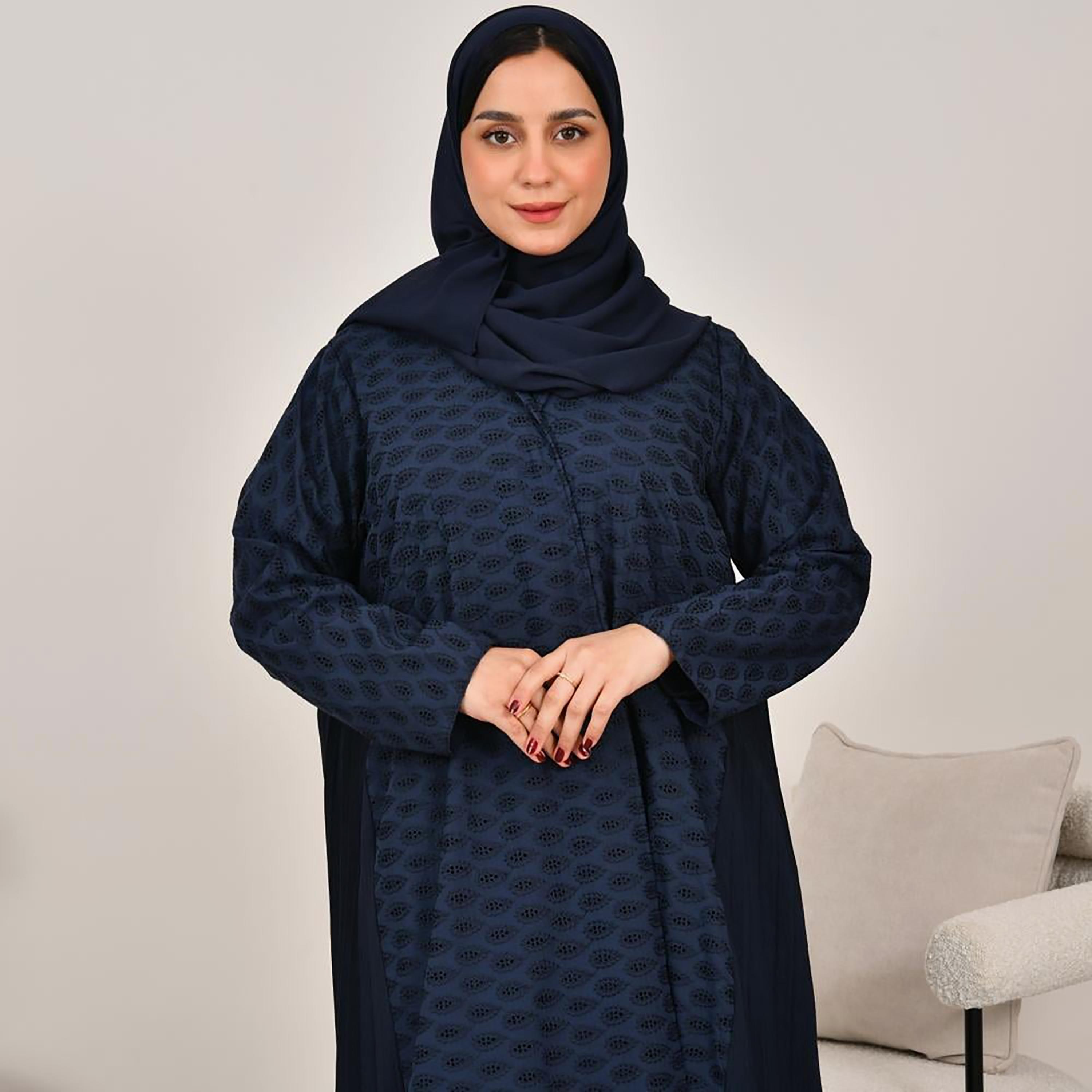 Lamha Navy Blue Schiffli Side Pleated Linen Women's Abaya with Hijab-women-arabicclothing-abayas-image-2