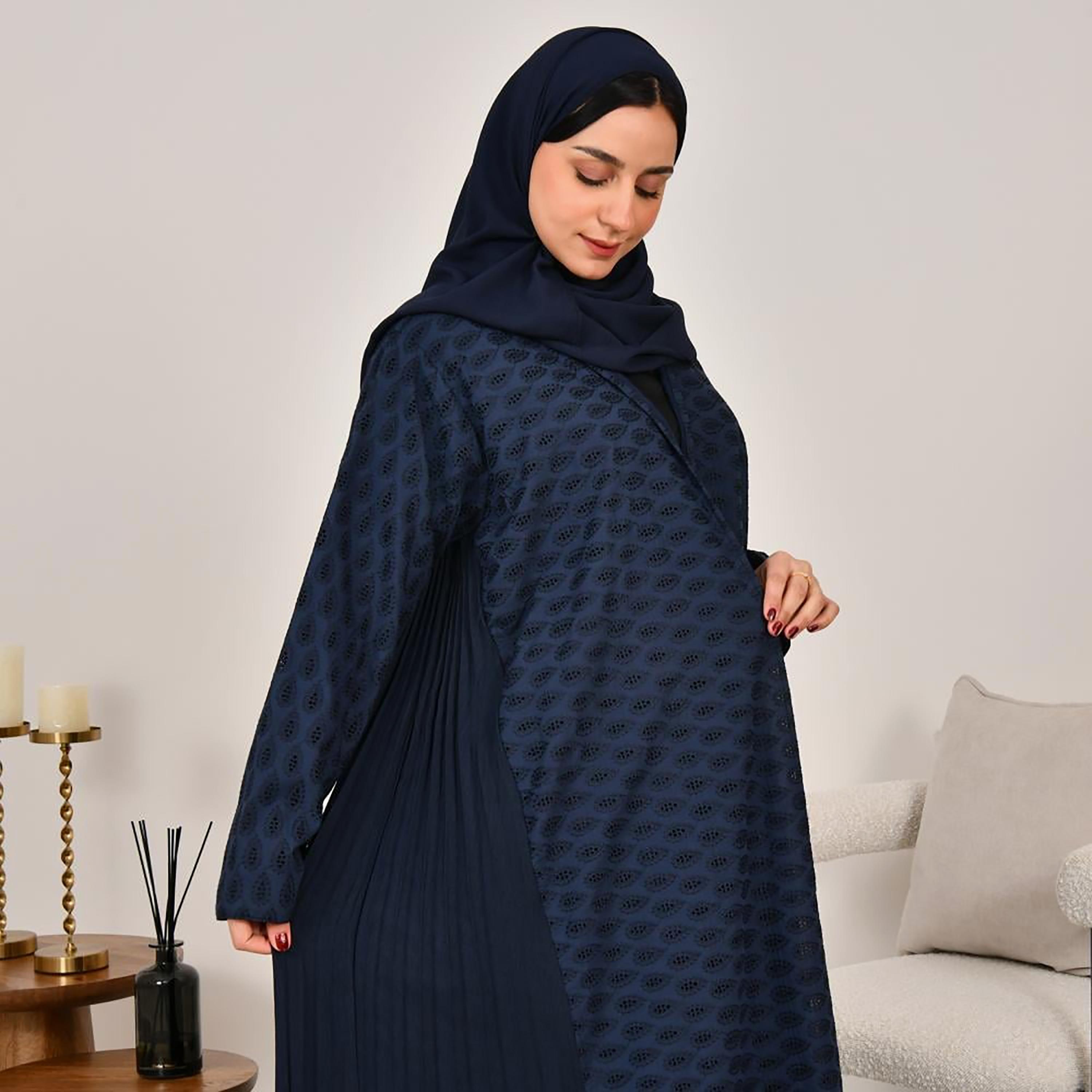 Lamha Navy Blue Schiffli Side Pleated Linen Women's Abaya with Hijab-women-arabicclothing-abayas-image-3