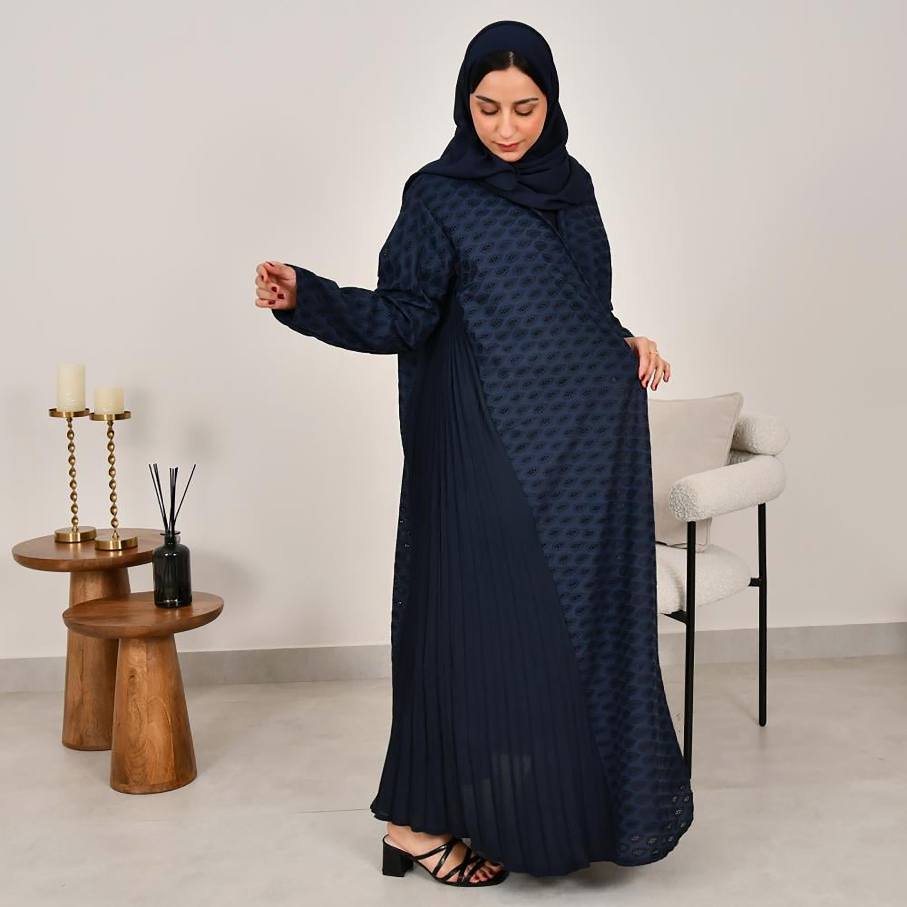 Lamha Navy Blue Schiffli Side Pleated Linen Women's Abaya with Hijab-women-arabicclothing-abayas-image-4