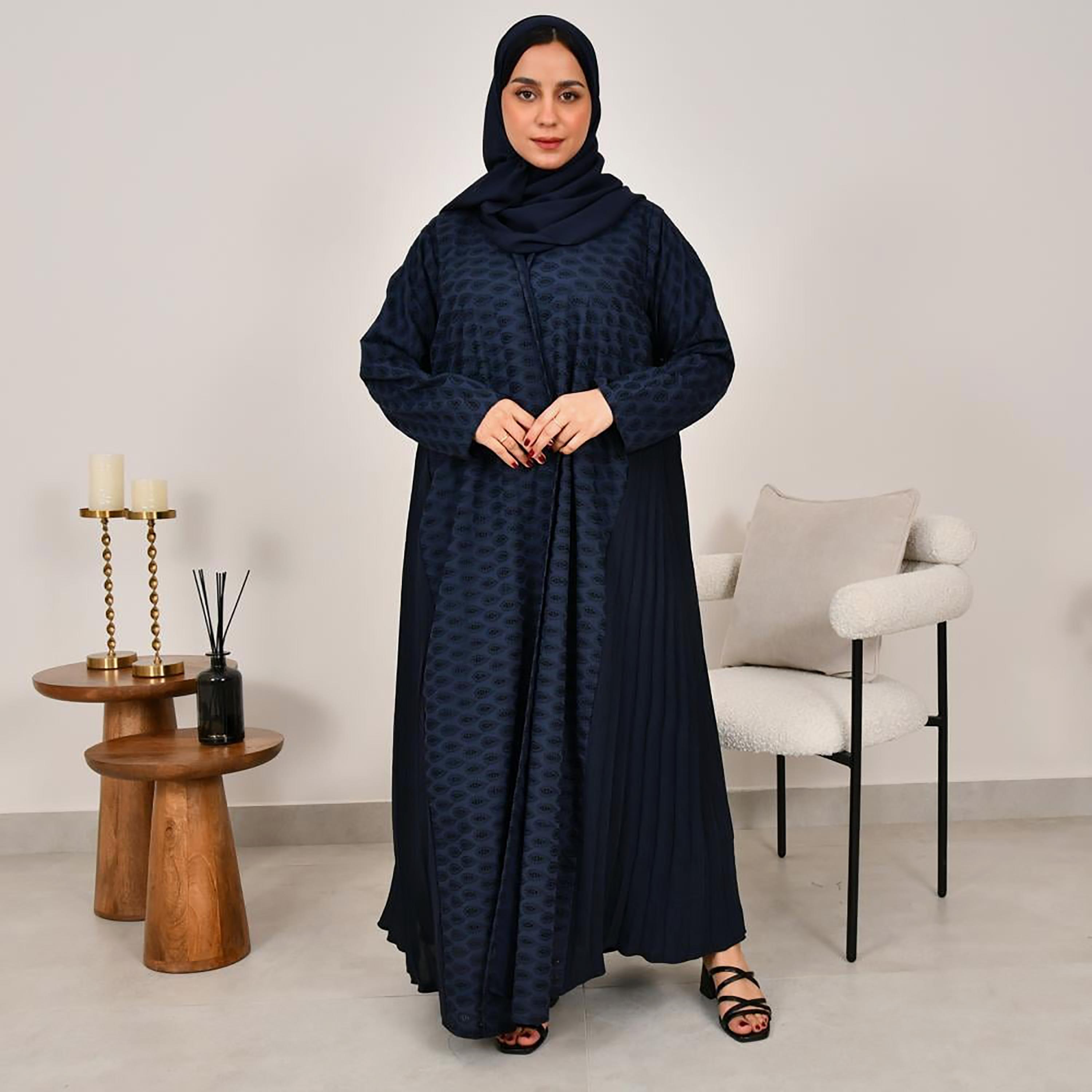 Lamha Navy Blue Schiffli Side Pleated Linen Women's Abaya with Hijab-women-arabicclothing-abayas-image-5