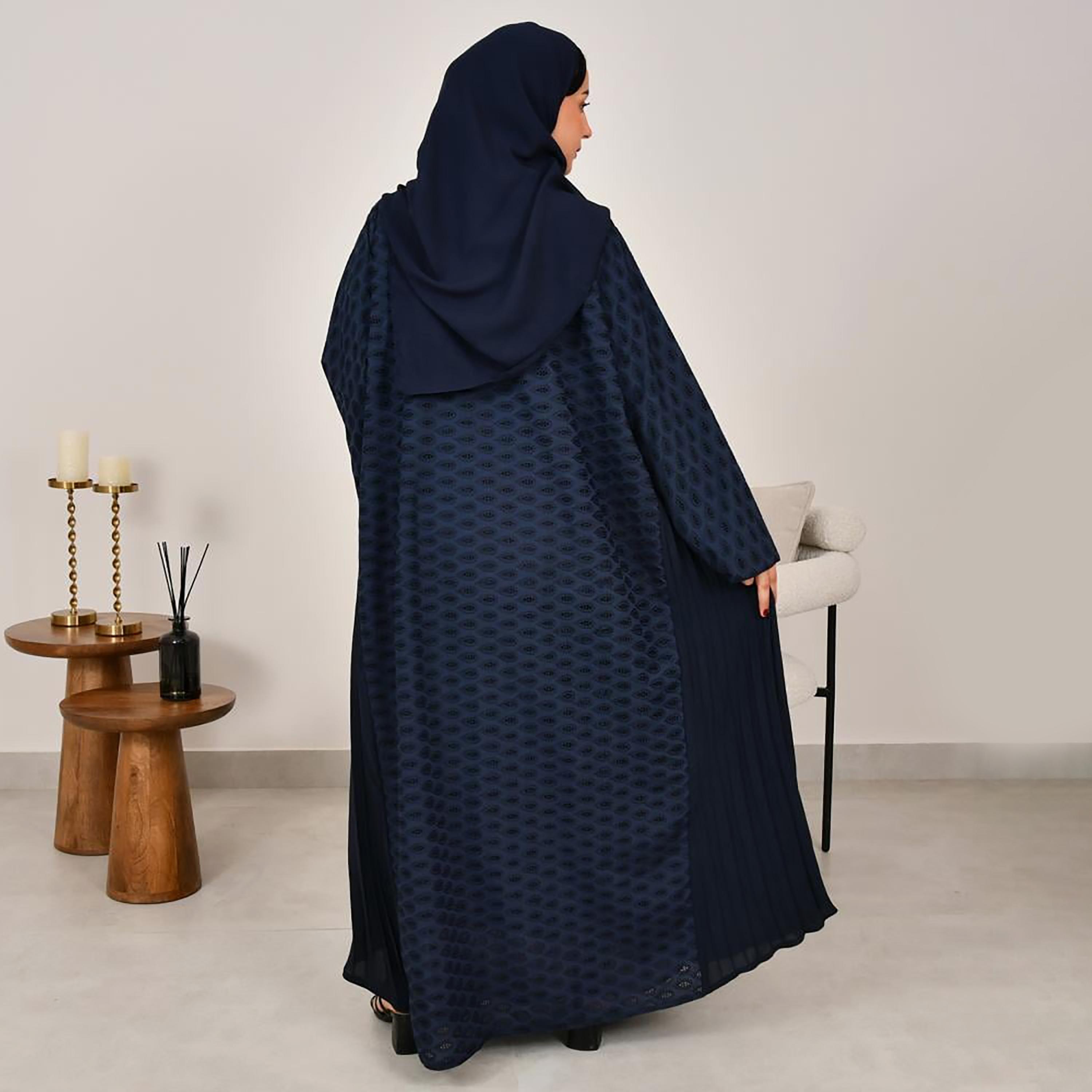 Lamha Navy Blue Schiffli Side Pleated Linen Women's Abaya with Hijab-women-arabicclothing-abayas-image-6