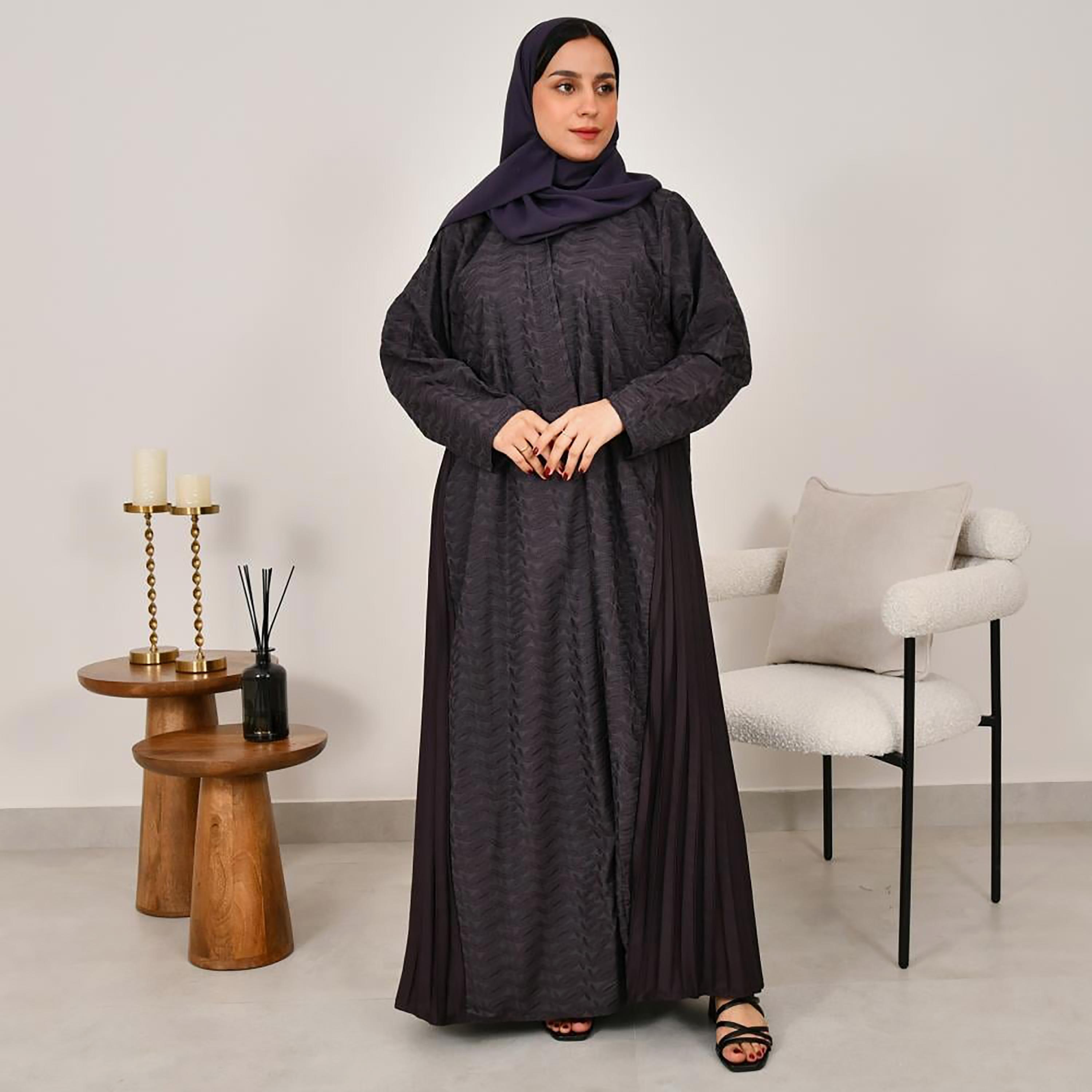 Lamha Ashen Embroidered Side Pleated Linen Women's Abaya with Hijab-women-arabicclothing-abayas-image-1