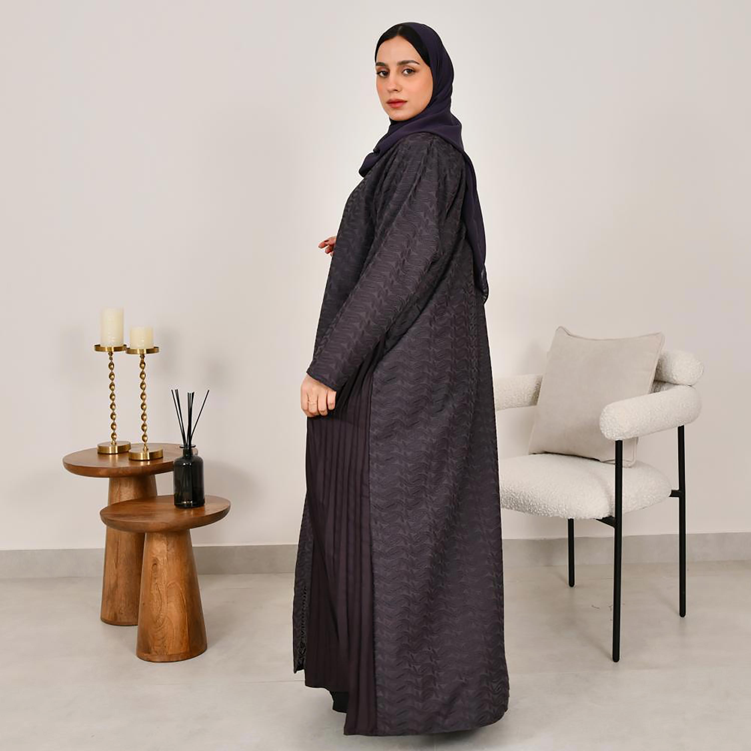 Lamha Ashen Embroidered Side Pleated Linen Women's Abaya with Hijab-women-arabicclothing-abayas-image-5