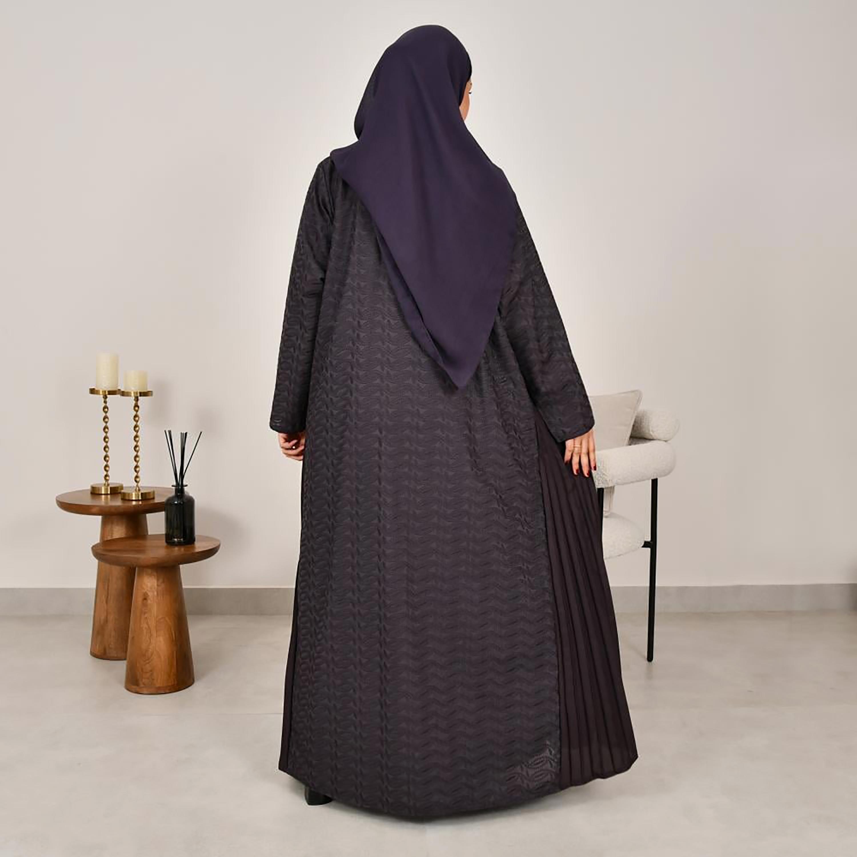 Lamha Ashen Embroidered Side Pleated Linen Women's Abaya with Hijab-women-arabicclothing-abayas-image-6