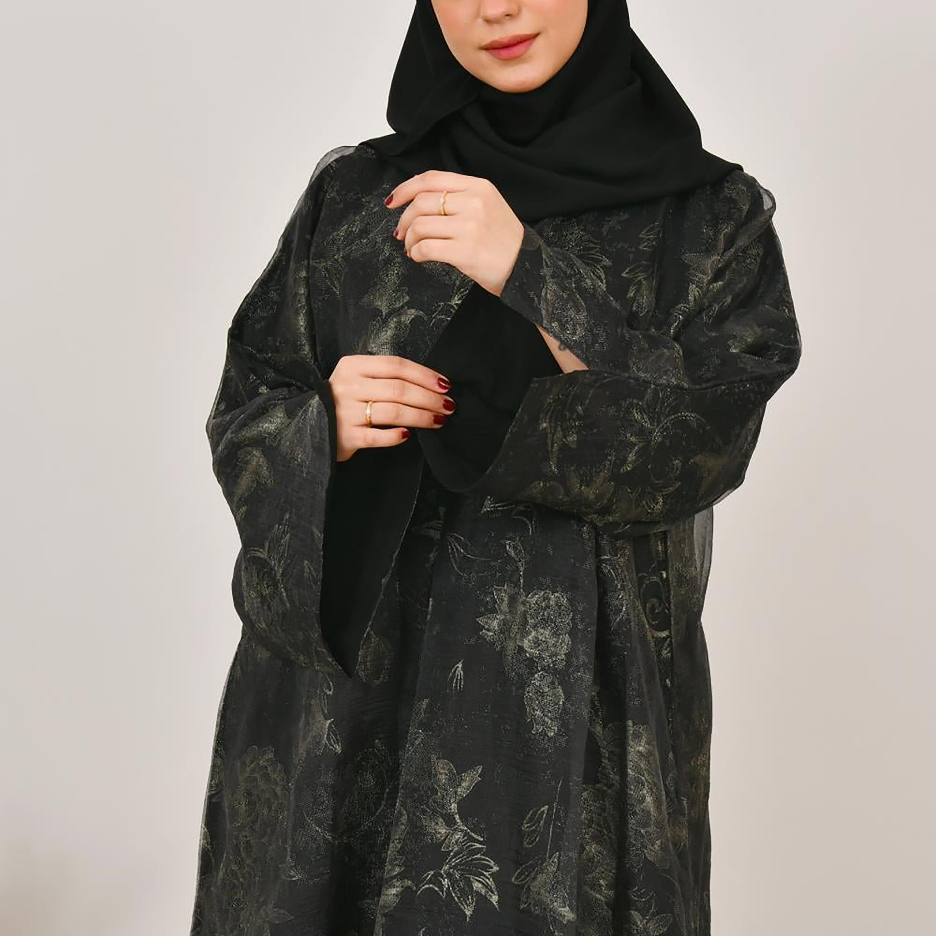 عباية نسائية من الكتان بأكمام واسعة وطبعة زهور سوداء مع حجاب من لمحة-women-arabicclothing-abayas-image-3