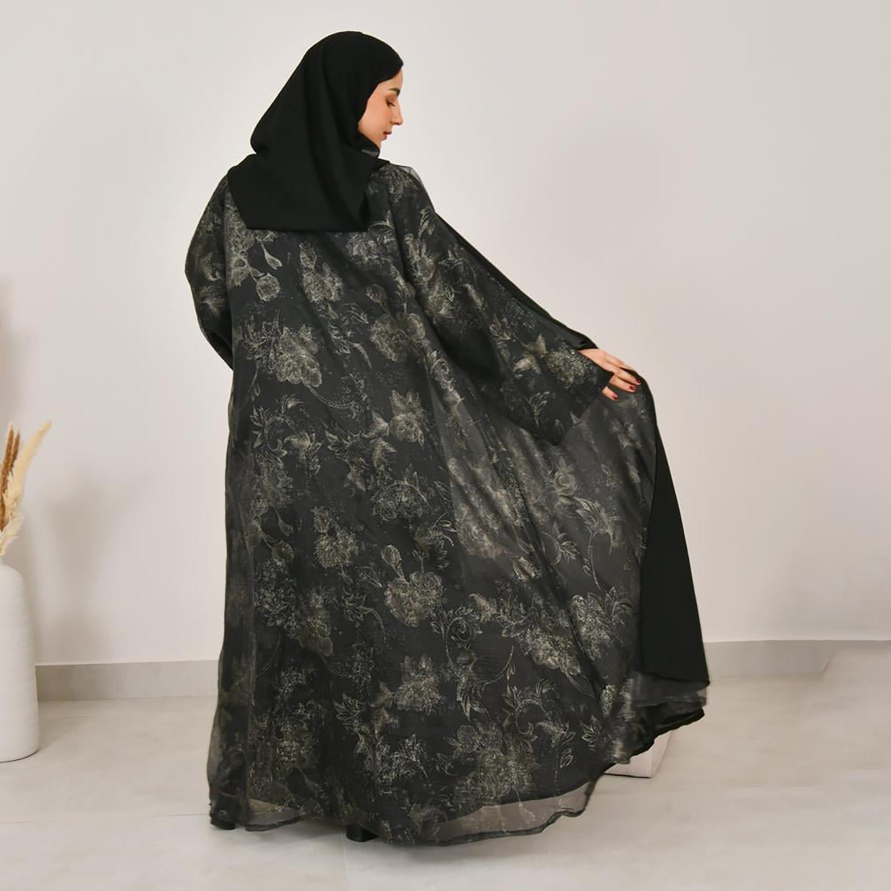 عباية نسائية من الكتان بأكمام واسعة وطبعة زهور سوداء مع حجاب من لمحة-women-arabicclothing-abayas-image-5