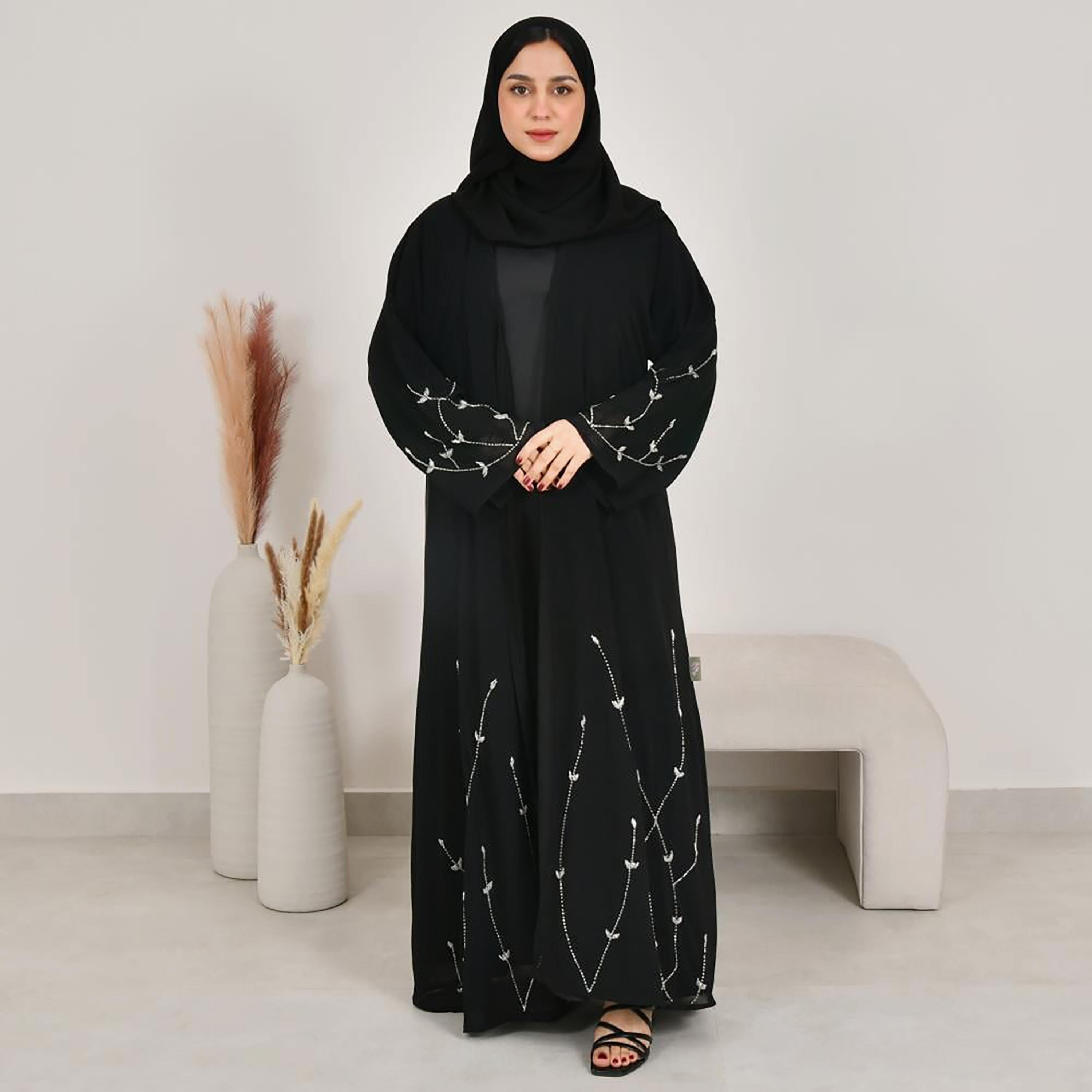 Lamha Black Beaded Linen Women's Abaya with Hijab-women-arabicclothing-abayas-image-1
