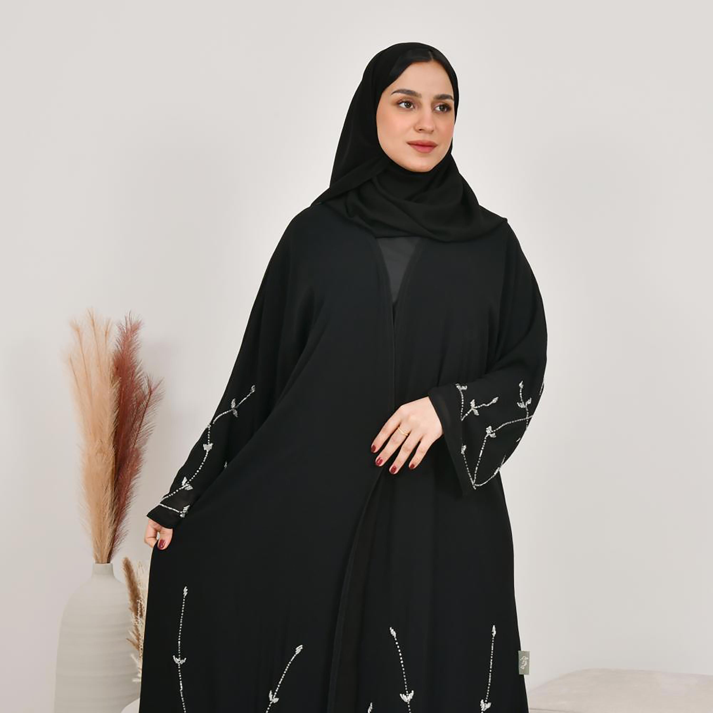 Lamha Black Beaded Linen Women's Abaya with Hijab-women-arabicclothing-abayas-image-2