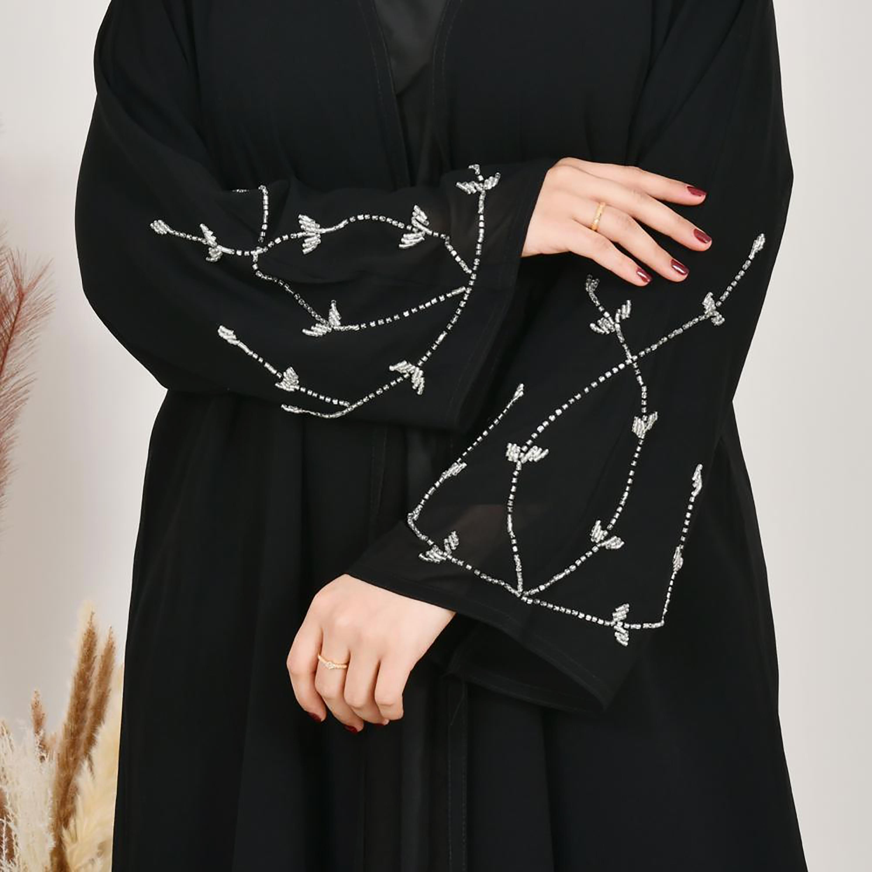 Lamha Black Beaded Linen Women's Abaya with Hijab-women-arabicclothing-abayas-image-3