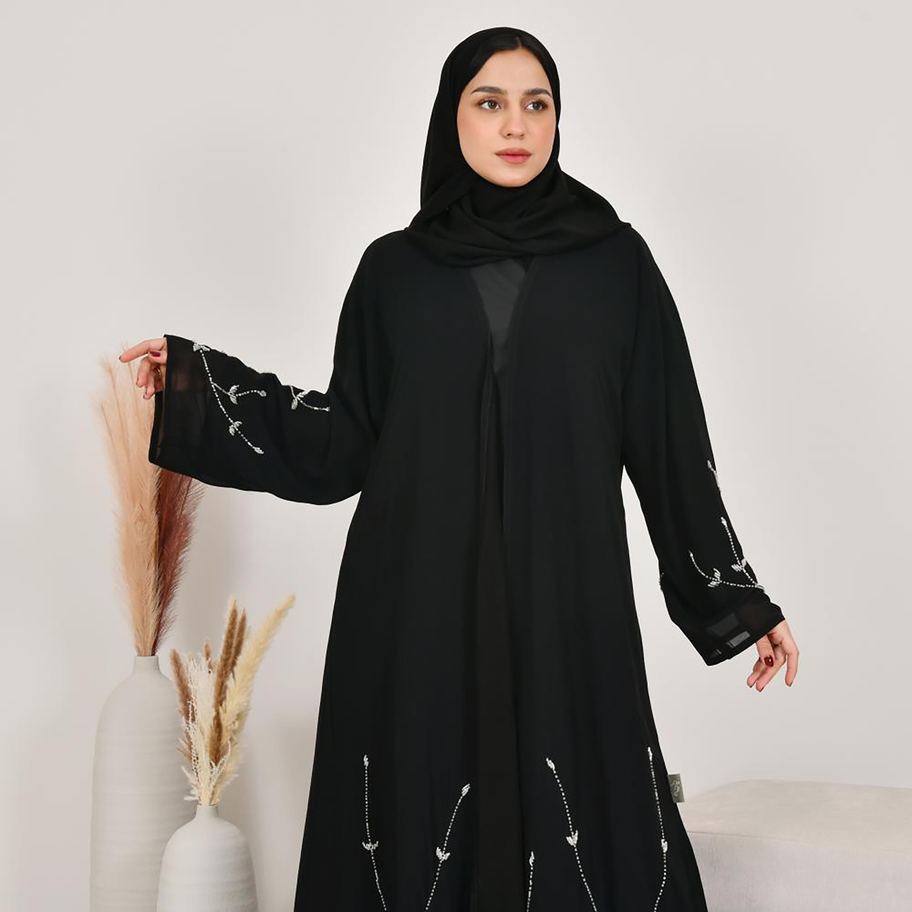 Lamha Black Beaded Linen Women's Abaya with Hijab-women-arabicclothing-abayas-image-4