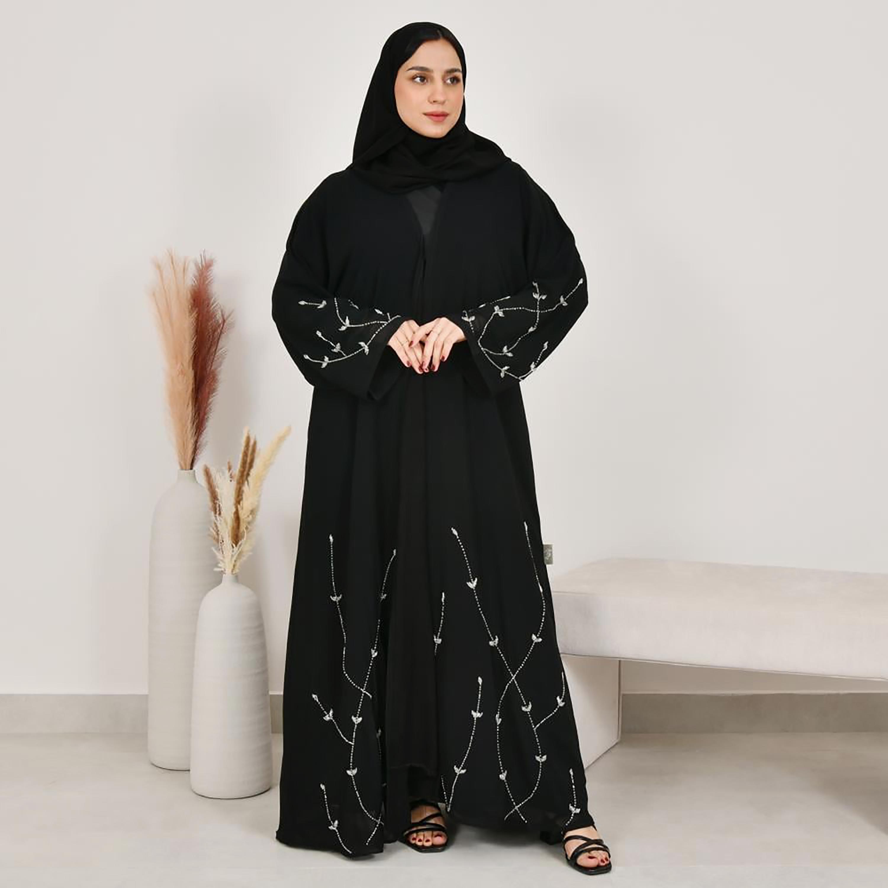 Lamha Black Beaded Linen Women's Abaya with Hijab-women-arabicclothing-abayas-image-5