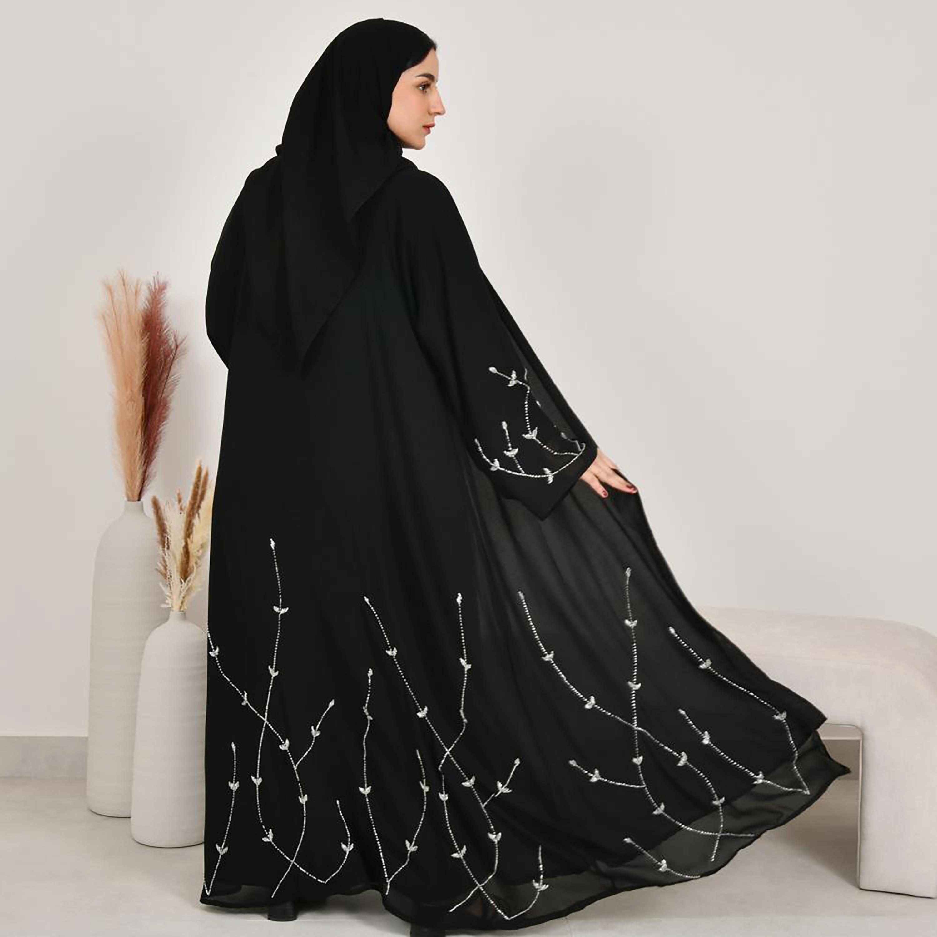 Lamha Black Beaded Linen Women's Abaya with Hijab-women-arabicclothing-abayas-image-6