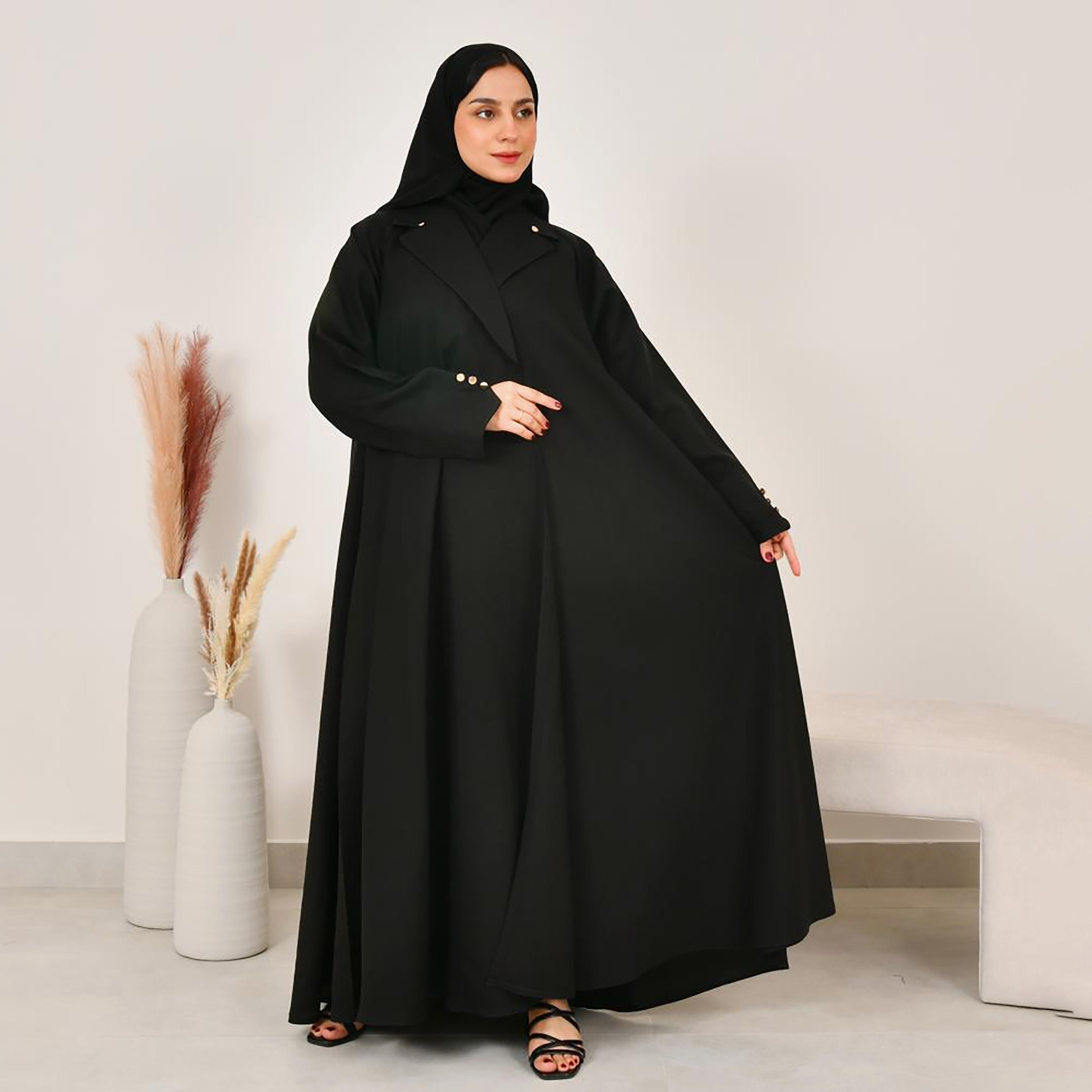 عباية نسائية من الكتان الأسود بفتحة صدر مع حجاب من لمحة-women-arabicclothing-abayas-image-1