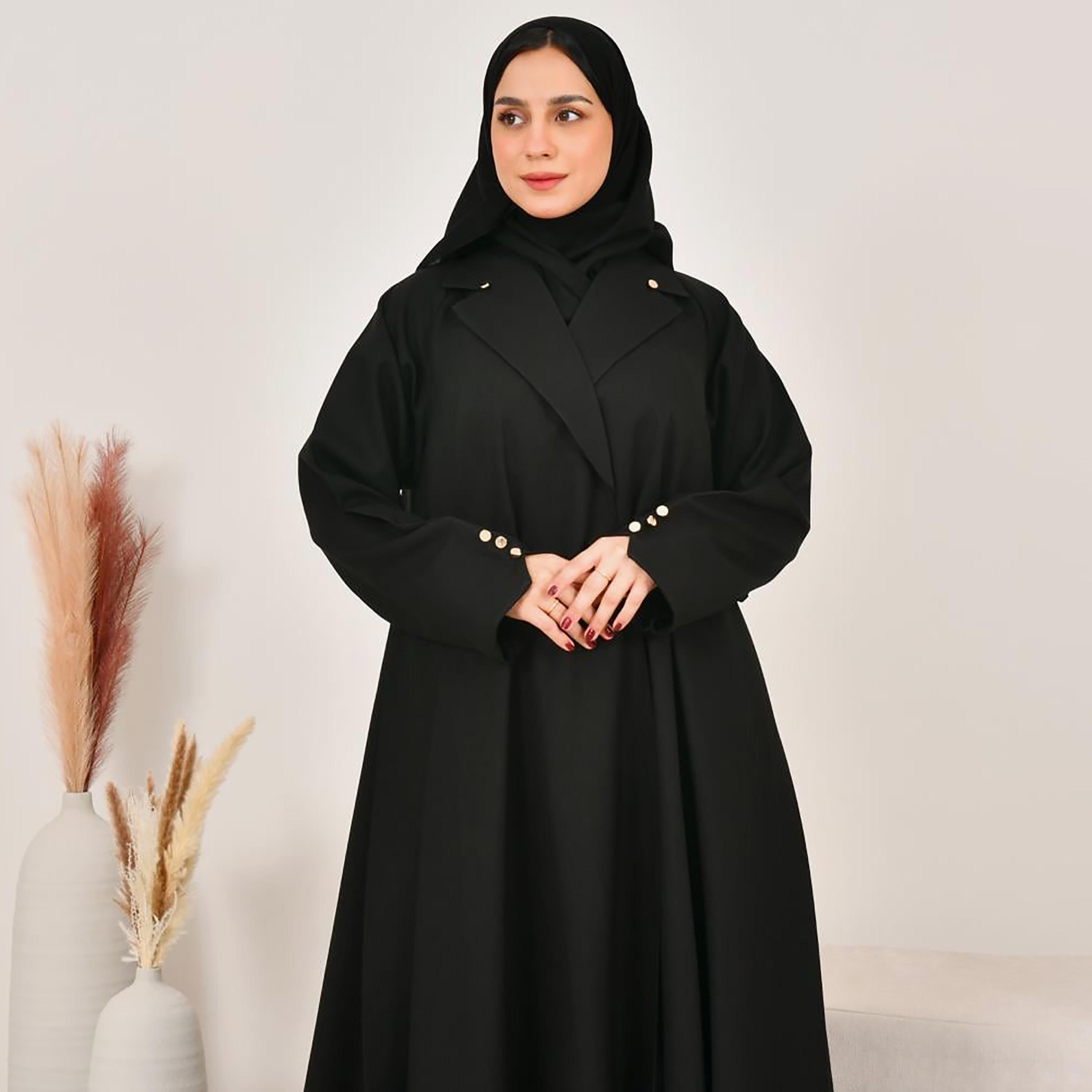 عباية نسائية من الكتان الأسود بفتحة صدر مع حجاب من لمحة-women-arabicclothing-abayas-image-2