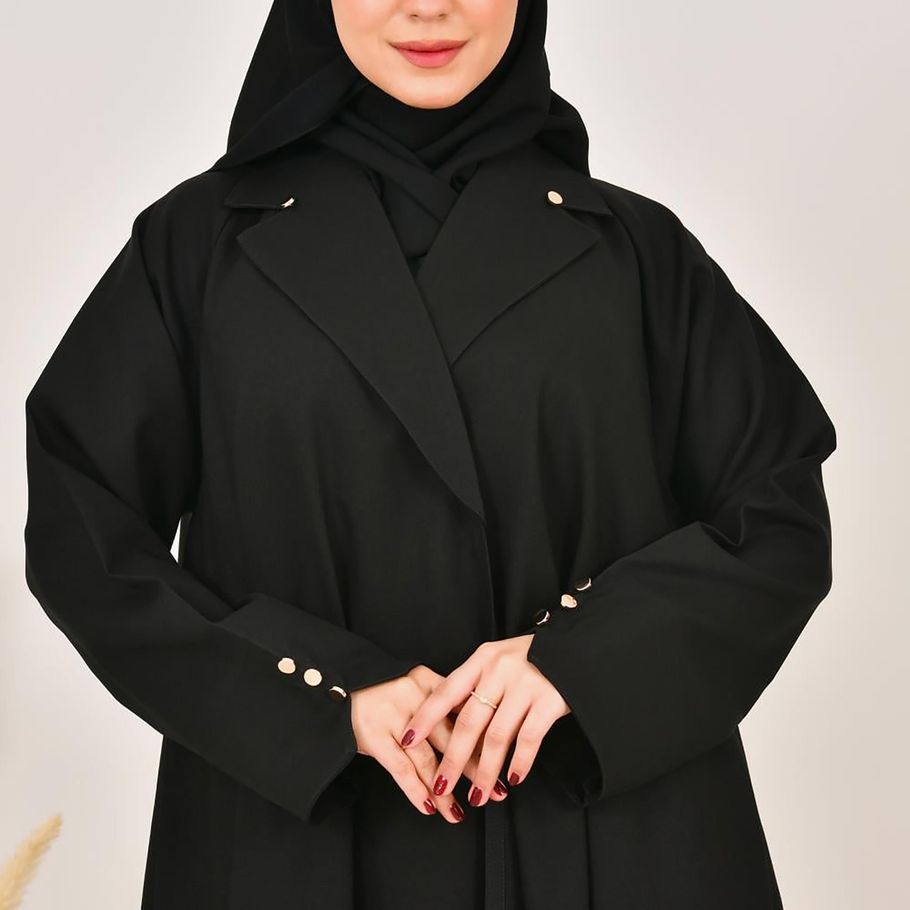 عباية نسائية من الكتان الأسود بفتحة صدر مع حجاب من لمحة-women-arabicclothing-abayas-image-3