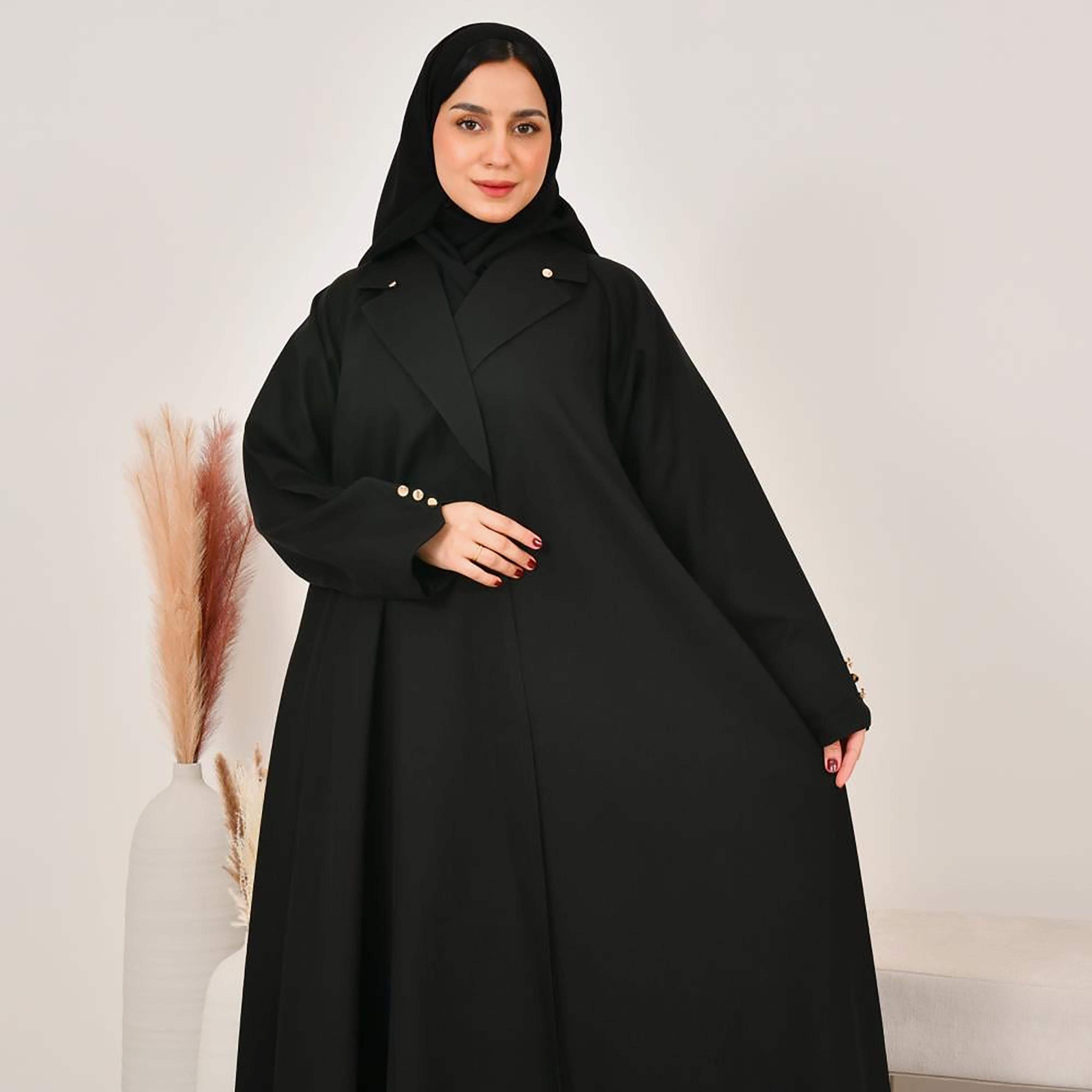 عباية نسائية من الكتان الأسود بفتحة صدر مع حجاب من لمحة-women-arabicclothing-abayas-image-4