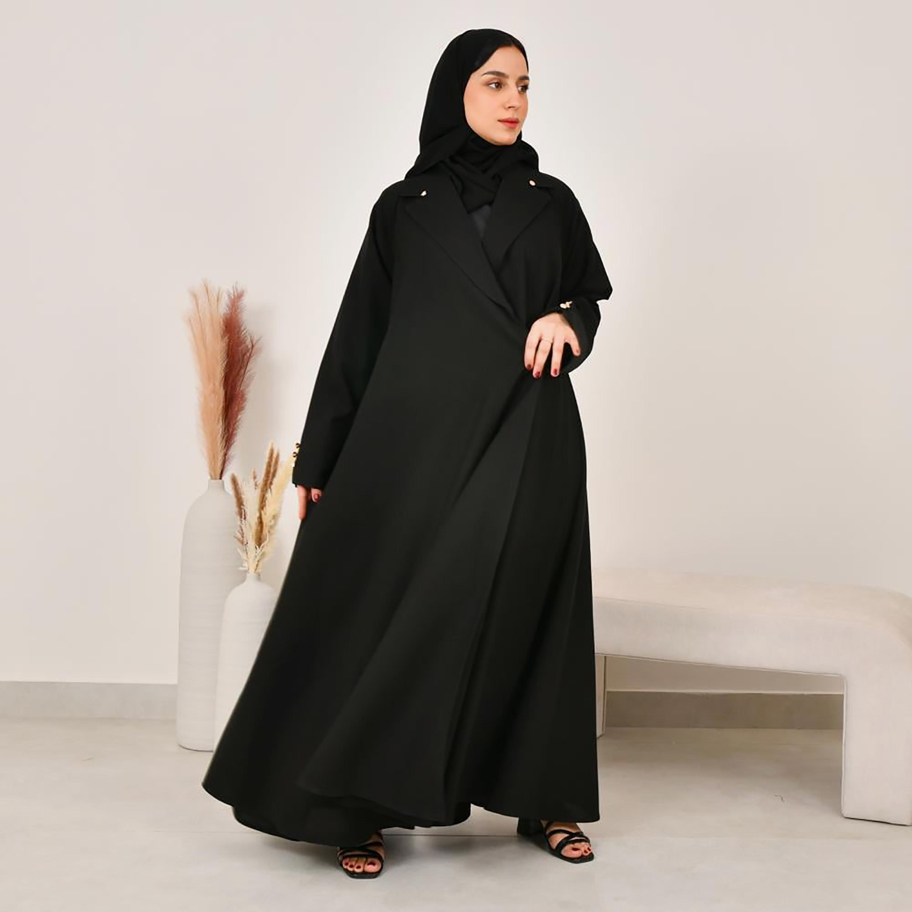 عباية نسائية من الكتان الأسود بفتحة صدر مع حجاب من لمحة-women-arabicclothing-abayas-image-5