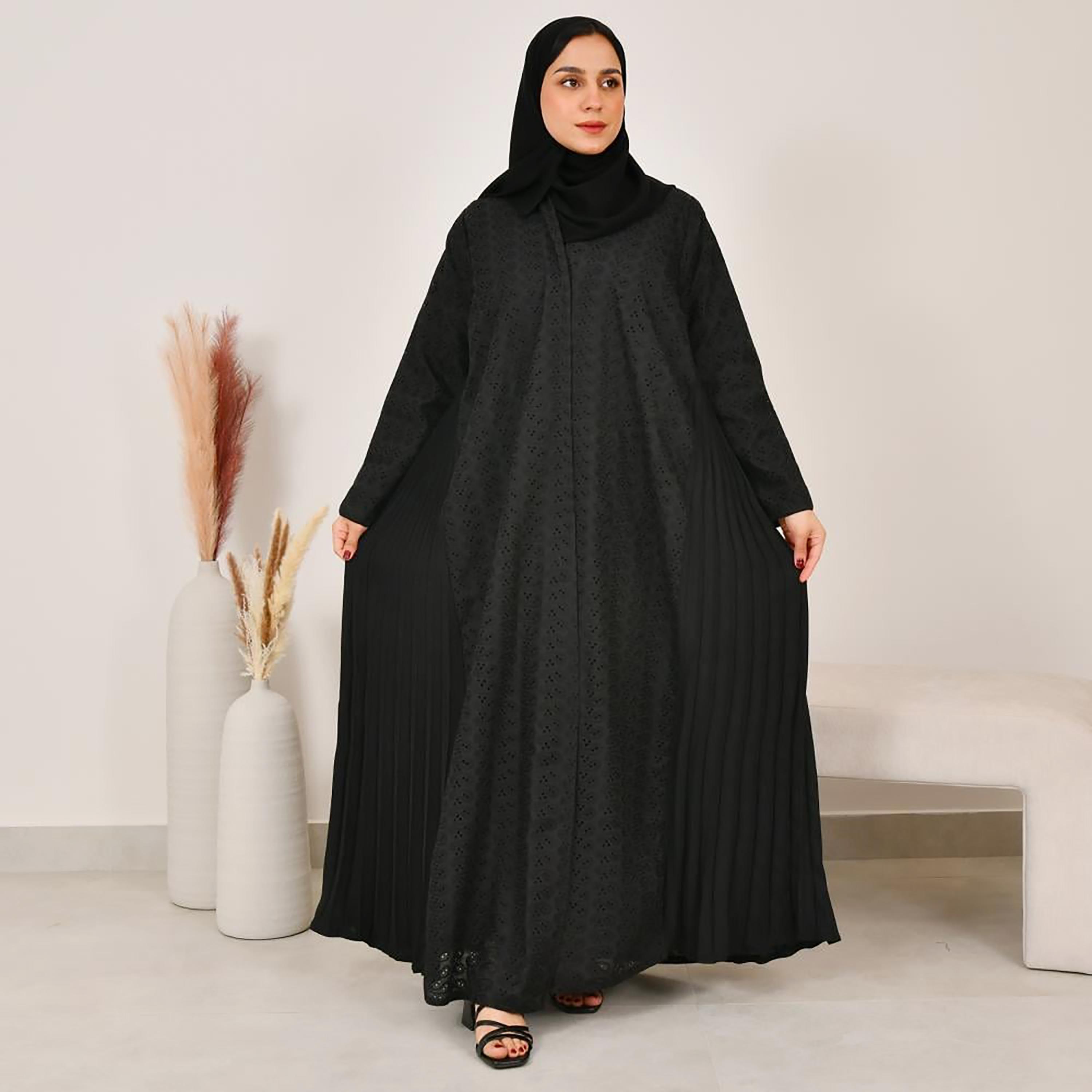 Lamha Black Schiffli Side Pleated Linen Women's Abaya with Hijab-women-arabicclothing-abayas-image-1