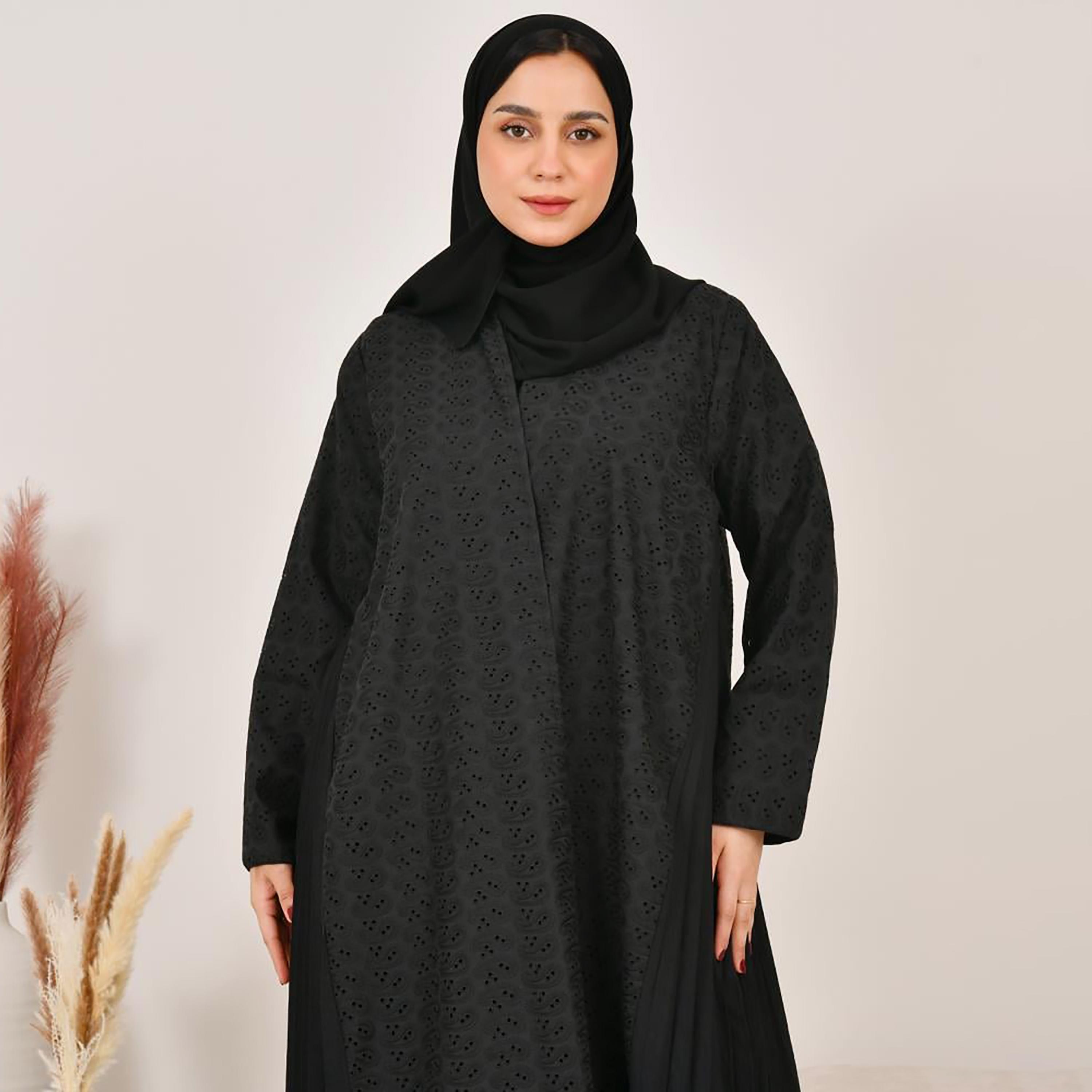 Lamha Black Schiffli Side Pleated Linen Women's Abaya with Hijab-women-arabicclothing-abayas-image-2