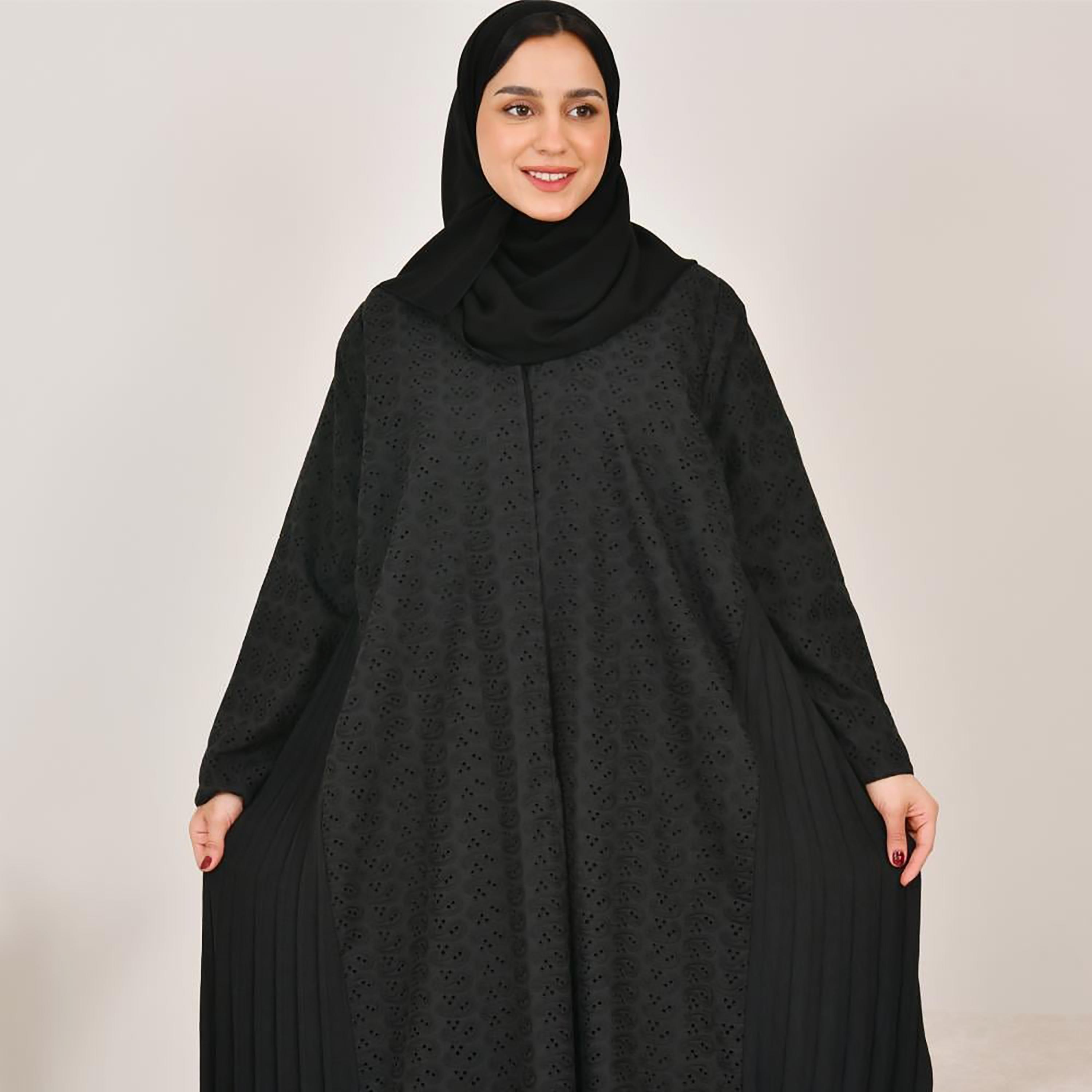 Lamha Black Schiffli Side Pleated Linen Women's Abaya with Hijab-women-arabicclothing-abayas-image-3