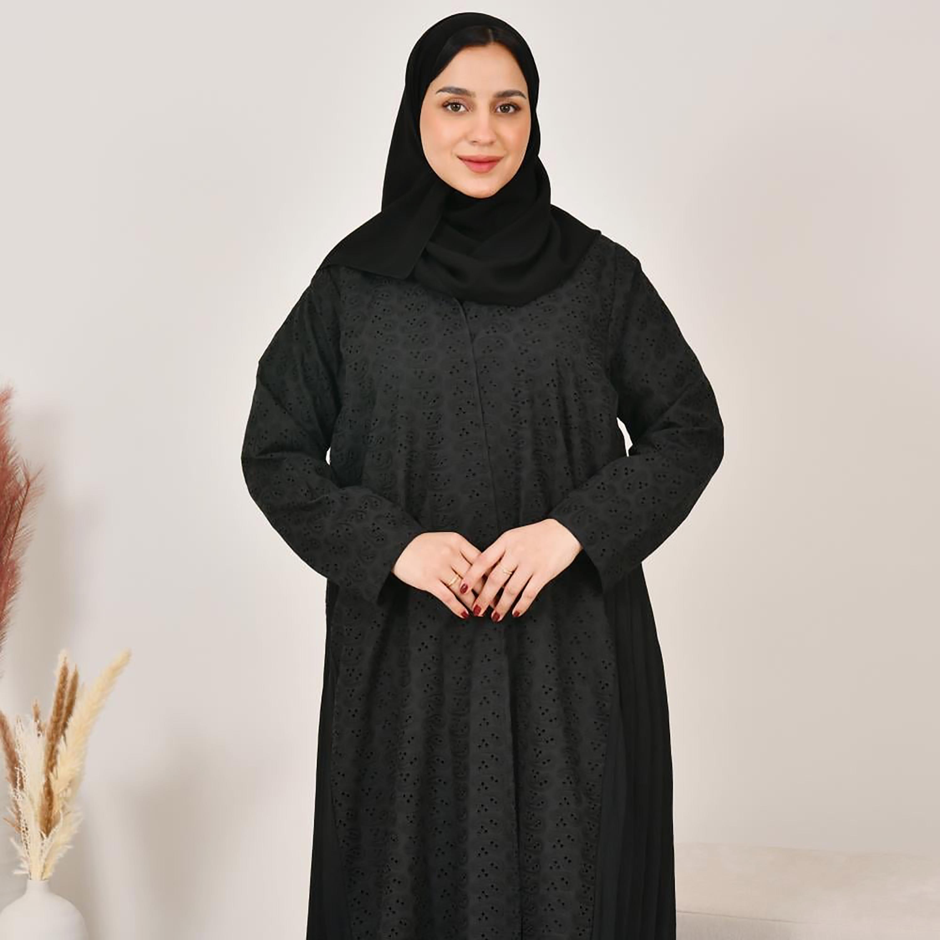 Lamha Black Schiffli Side Pleated Linen Women's Abaya with Hijab-women-arabicclothing-abayas-image-4