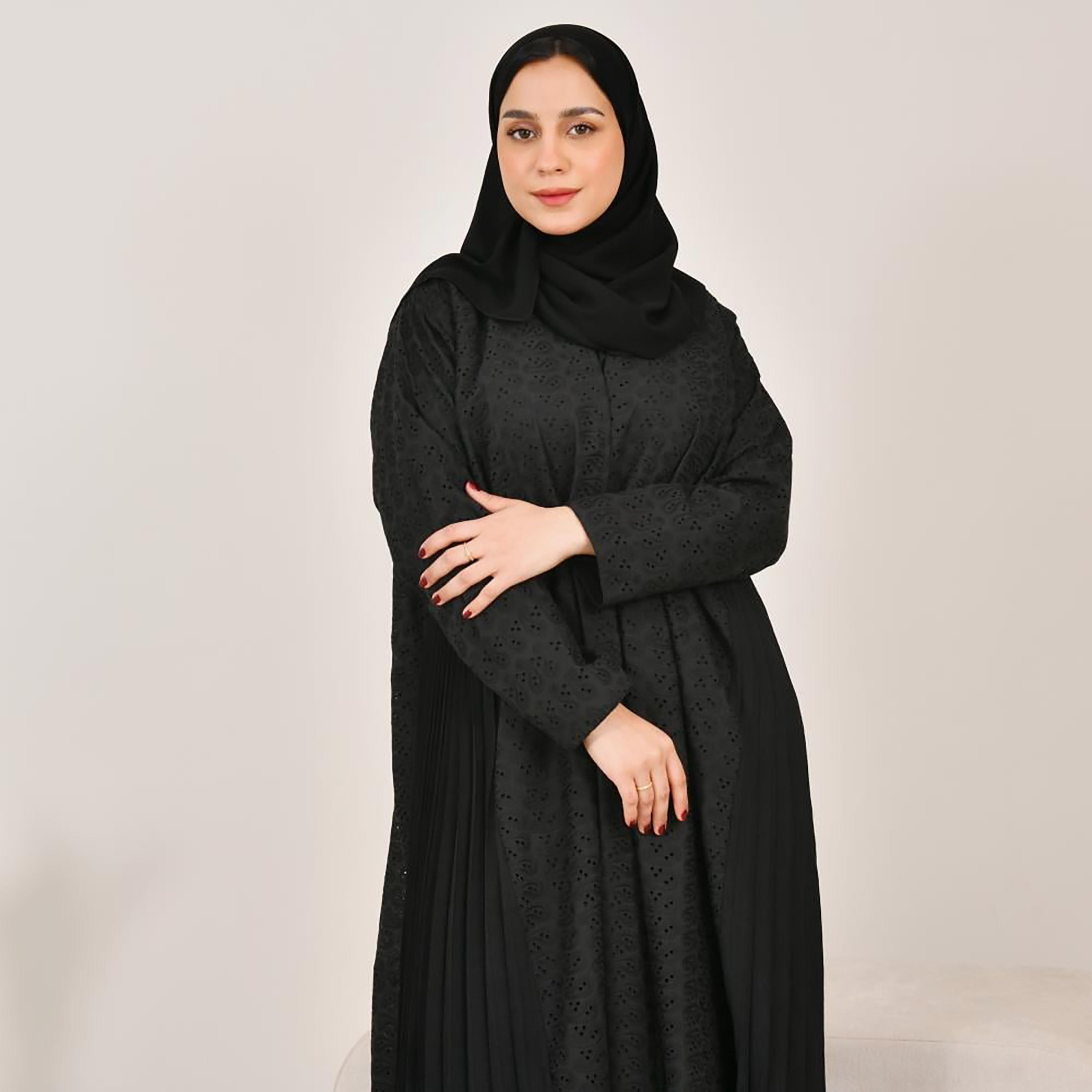 Lamha Black Schiffli Side Pleated Linen Women's Abaya with Hijab-women-arabicclothing-abayas-image-5