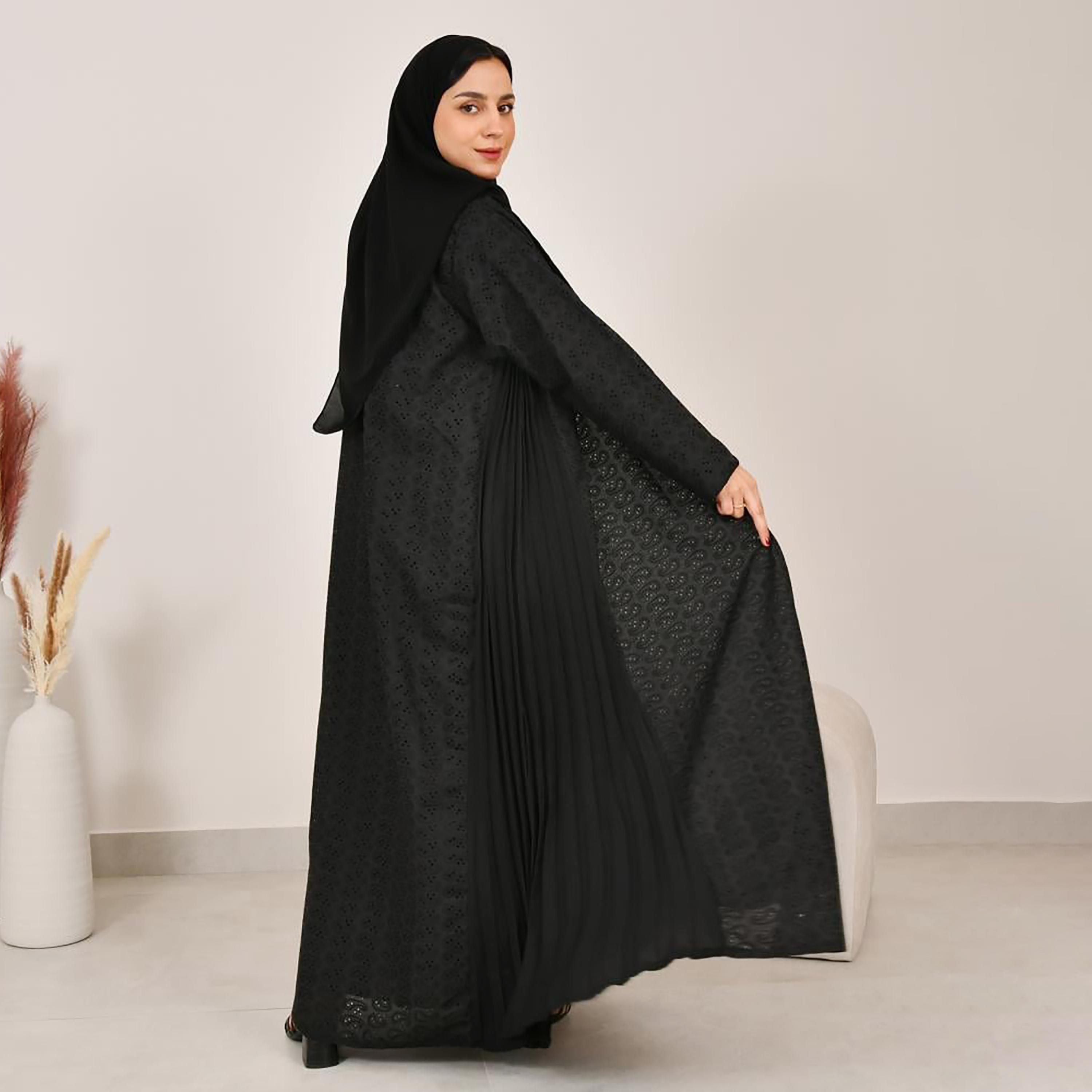Lamha Black Schiffli Side Pleated Linen Women's Abaya with Hijab-women-arabicclothing-abayas-image-6