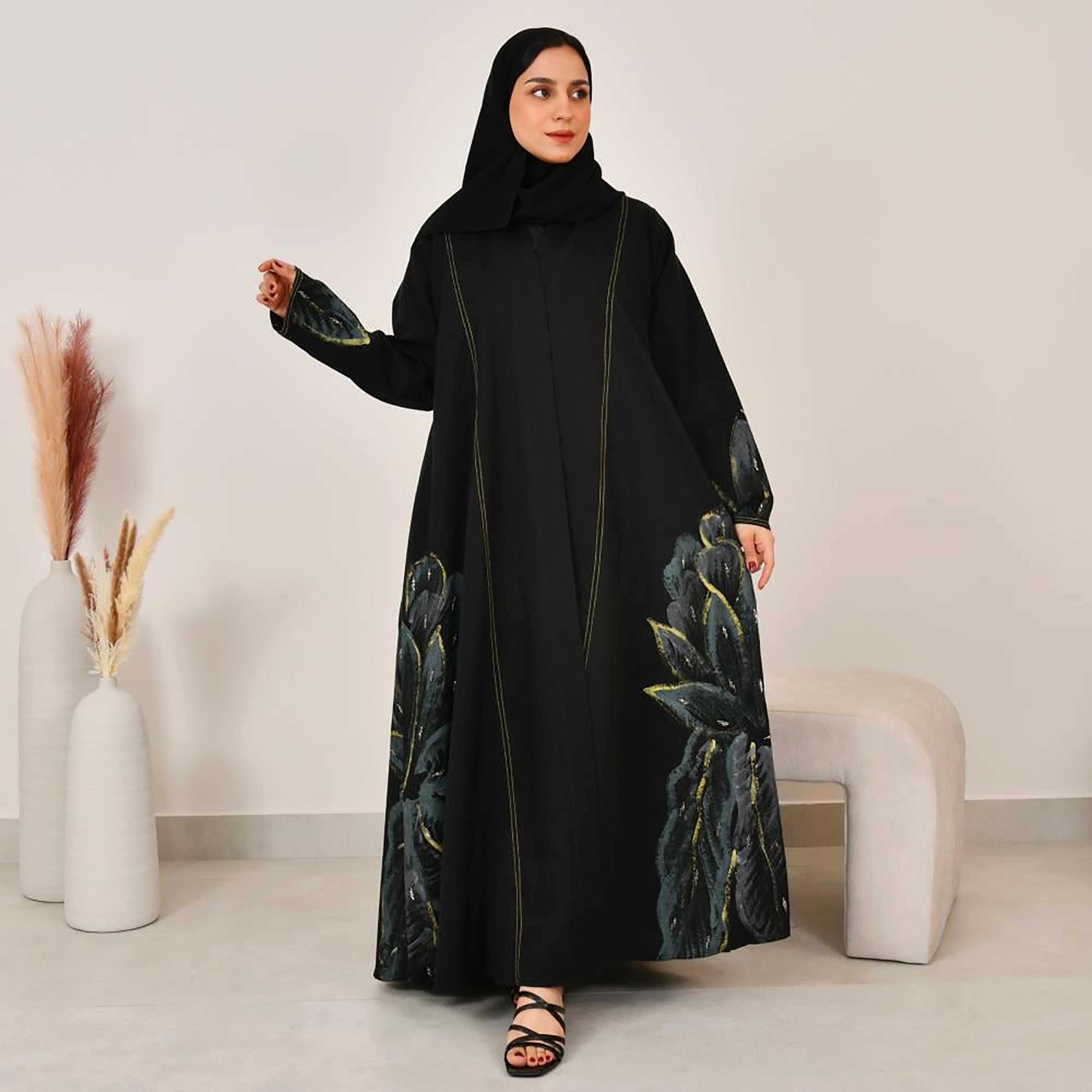 Lamha Black Hand Painted Linen Women's Abaya with Hijab-women-arabicclothing-abayas-image-1