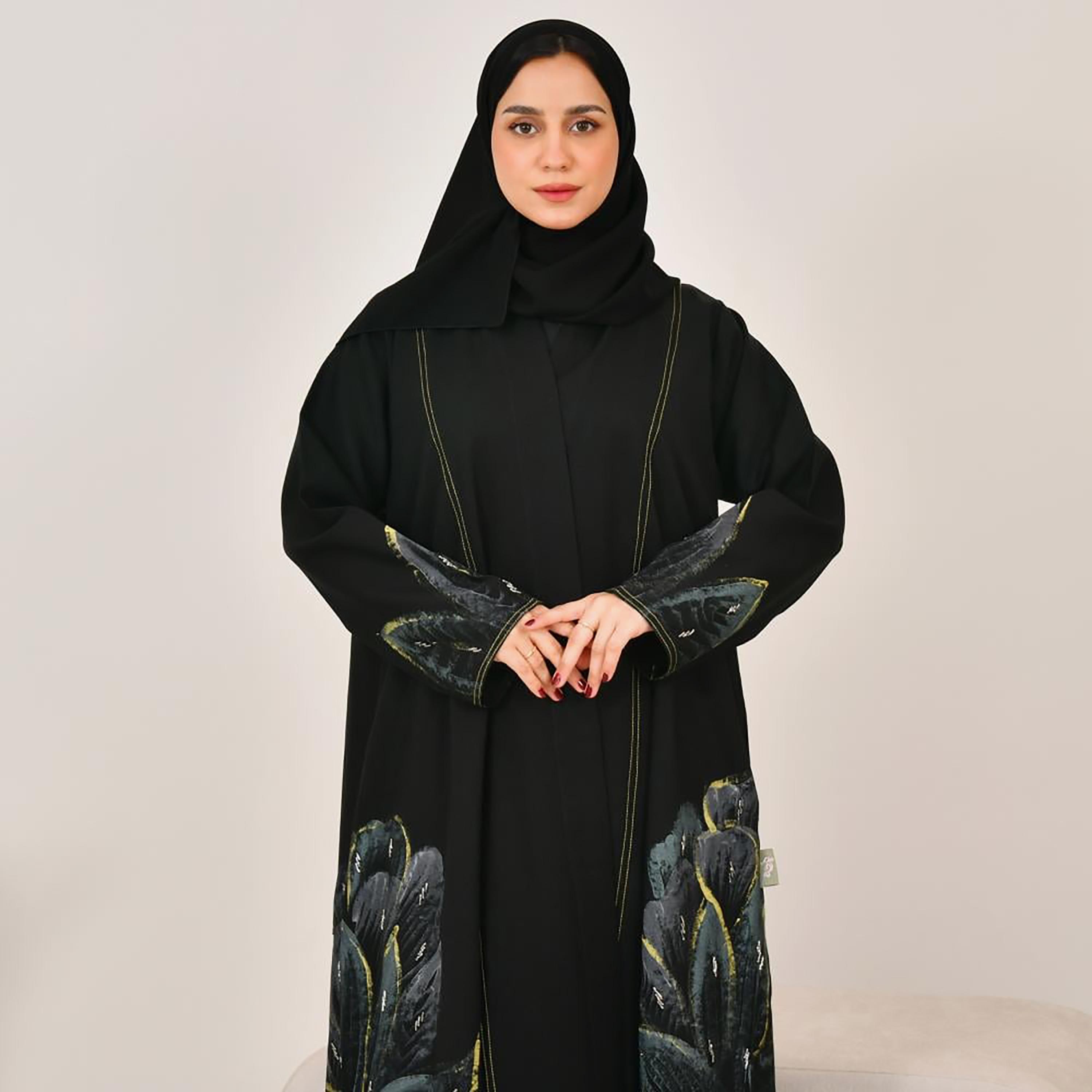 Lamha Black Hand Painted Linen Women's Abaya with Hijab-women-arabicclothing-abayas-image-2