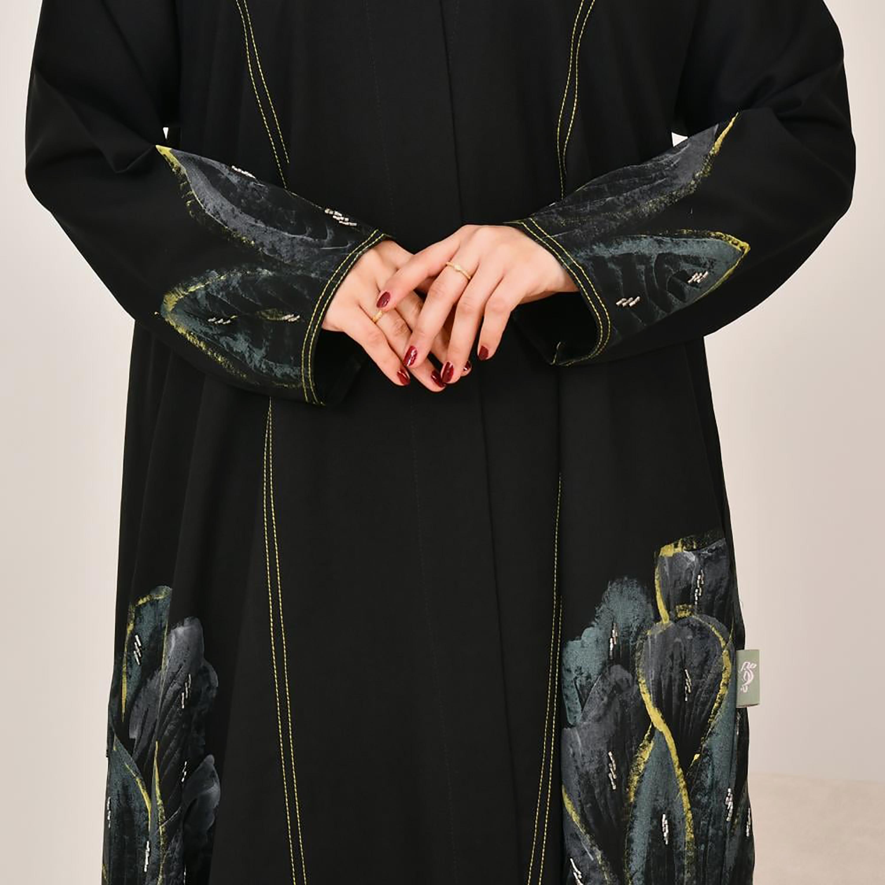 Lamha Black Hand Painted Linen Women's Abaya with Hijab-women-arabicclothing-abayas-image-3