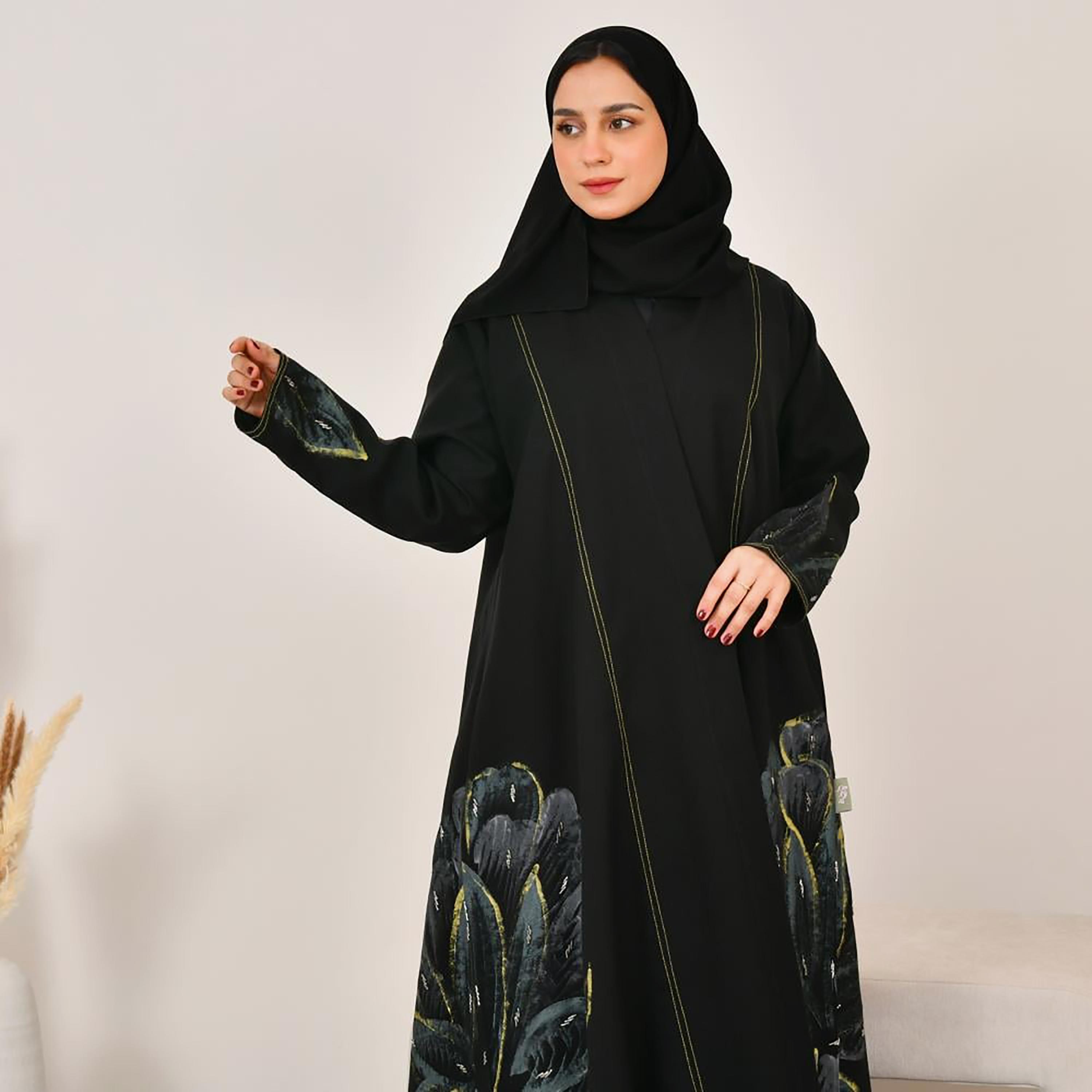Lamha Black Hand Painted Linen Women's Abaya with Hijab-women-arabicclothing-abayas-image-4
