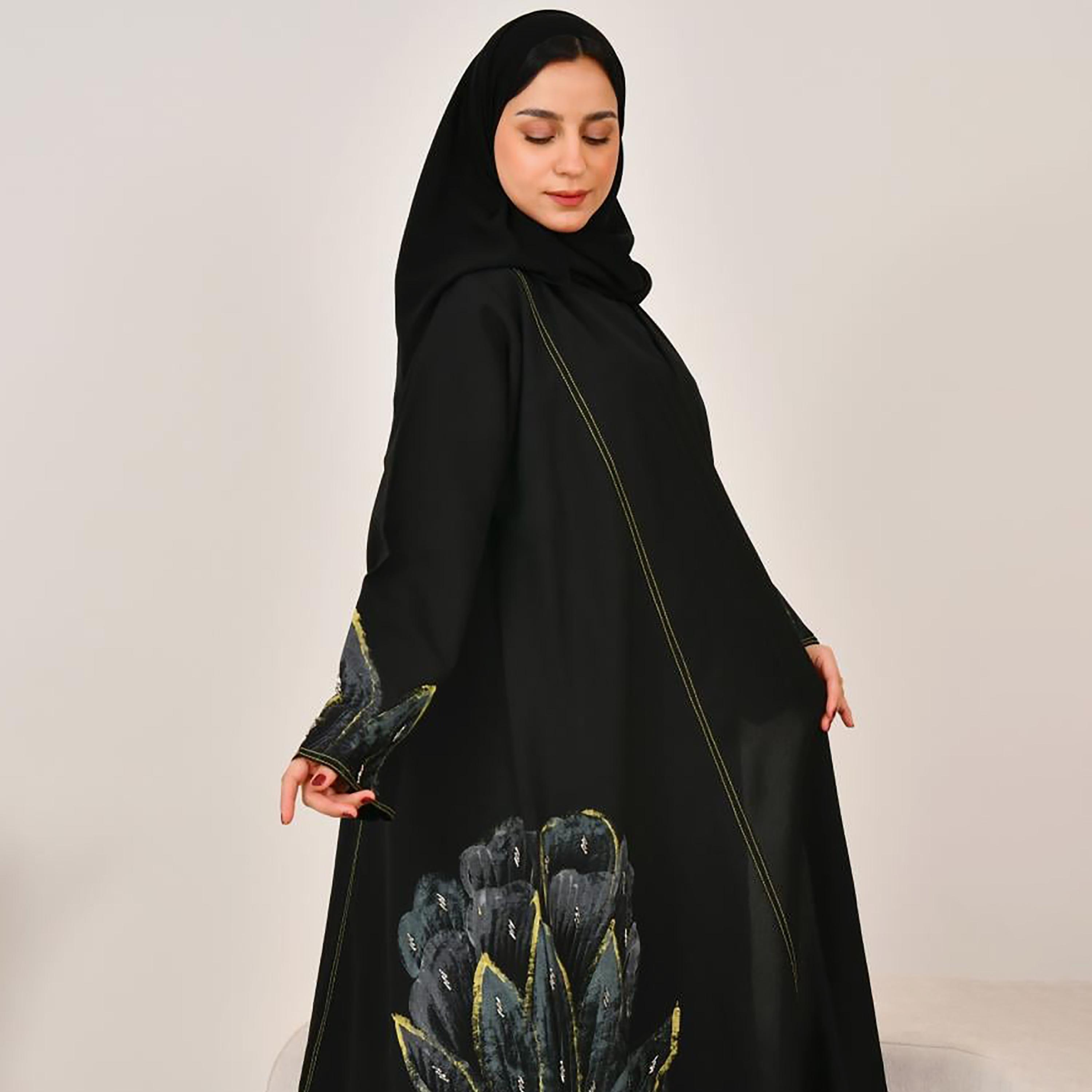 Lamha Black Hand Painted Linen Women's Abaya with Hijab-women-arabicclothing-abayas-image-5