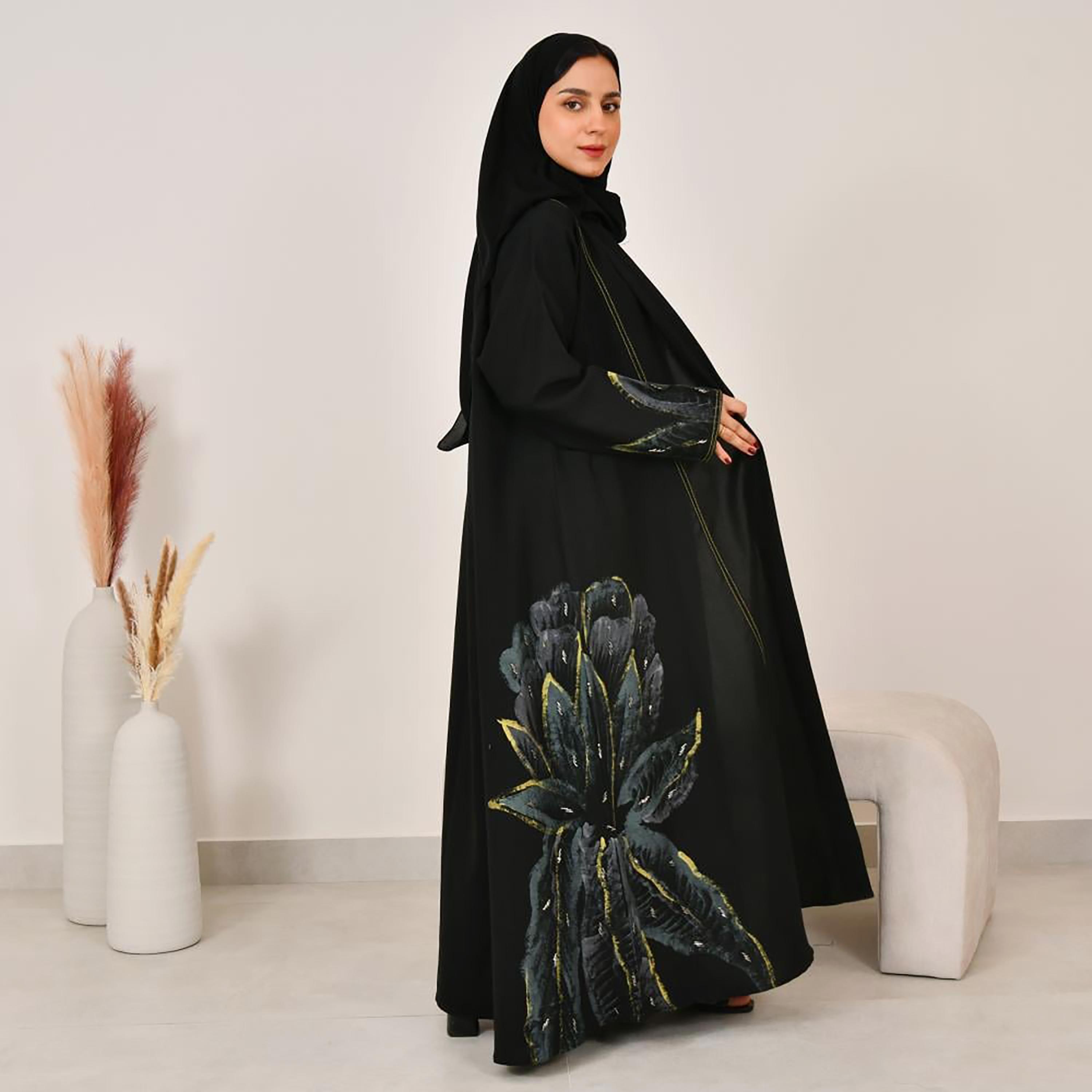 Lamha Black Hand Painted Linen Women's Abaya with Hijab-women-arabicclothing-abayas-image-6