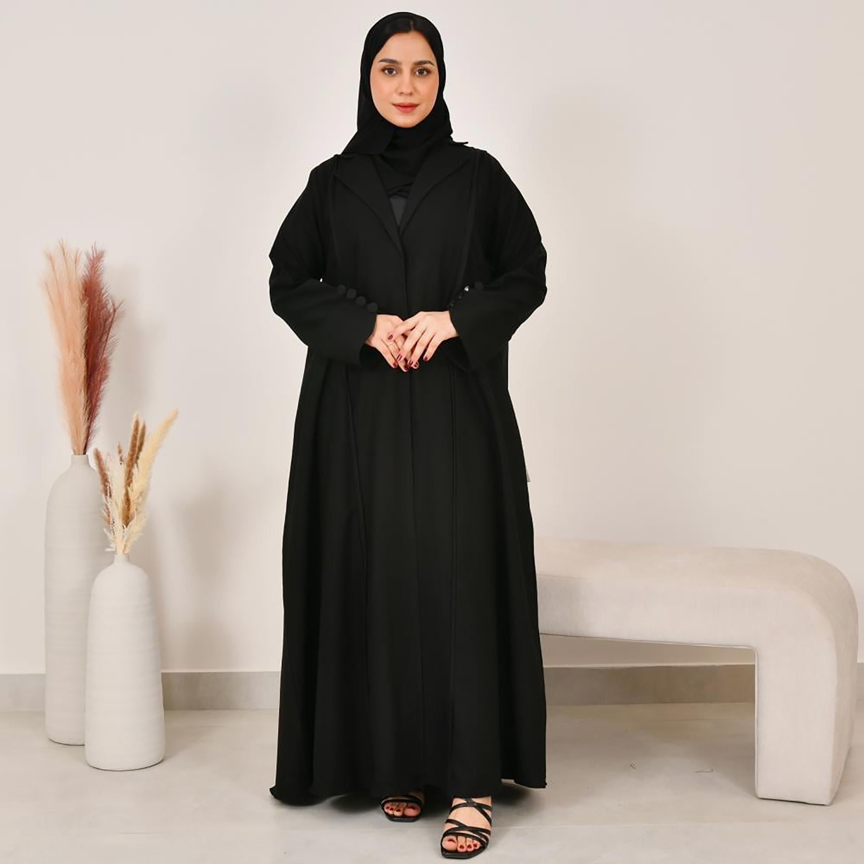 Lamha Black Notch Lapel Linen Women's Abaya with Hijab-women-arabicclothing-abayas-image-1