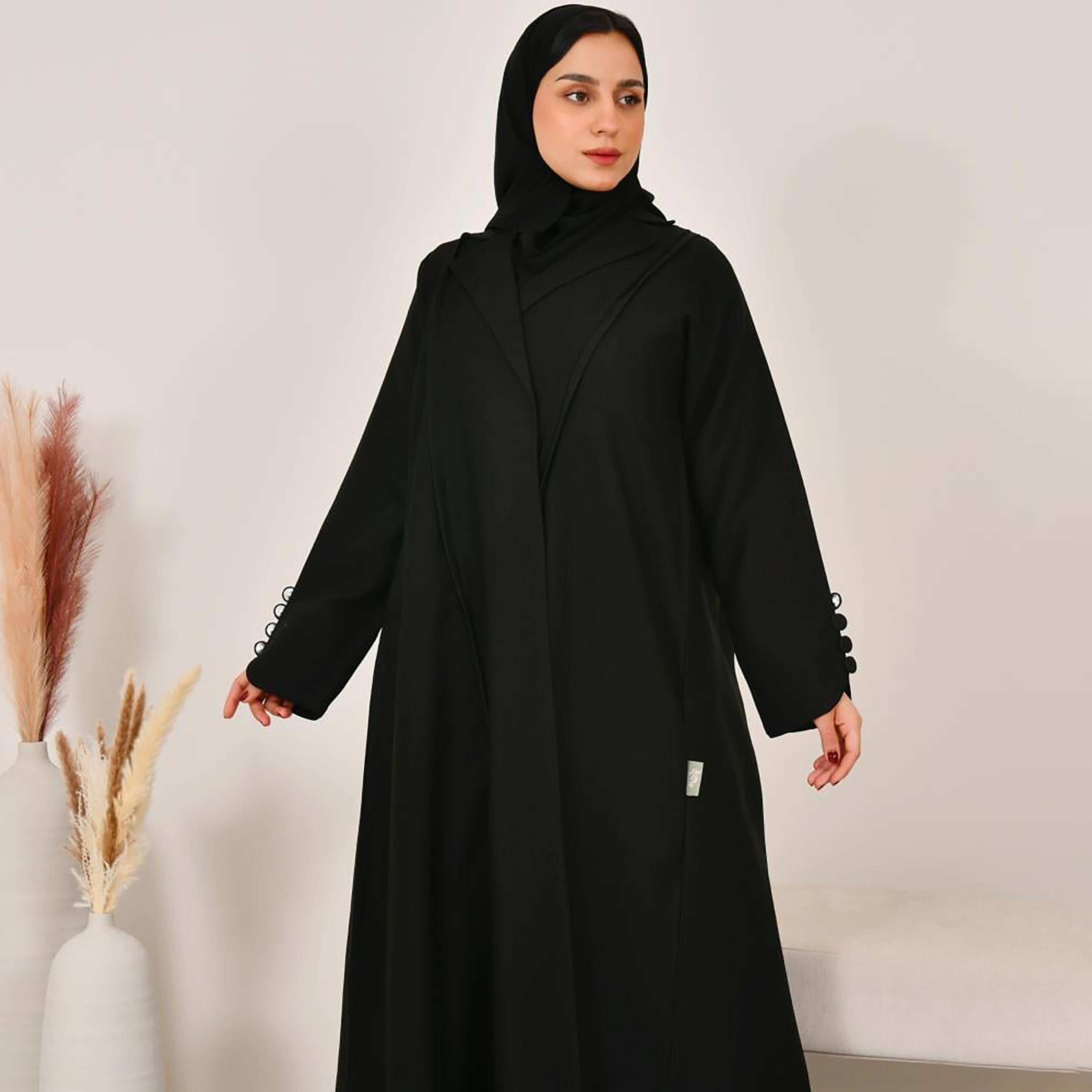 Lamha Black Notch Lapel Linen Women's Abaya with Hijab-women-arabicclothing-abayas-image-2