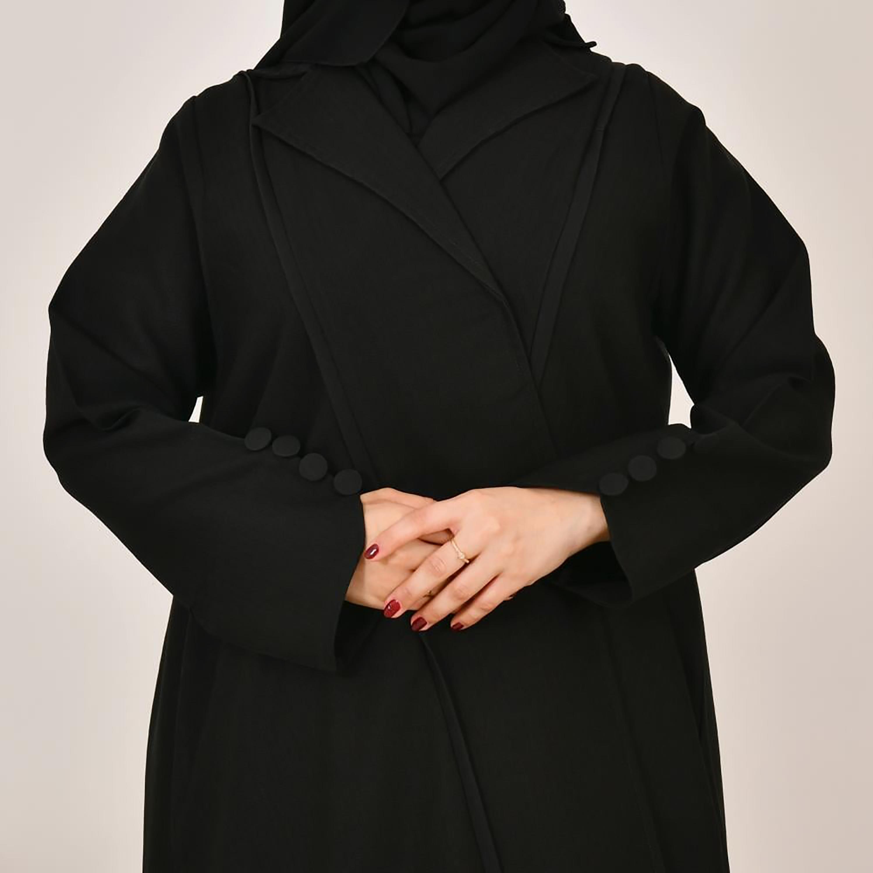 Lamha Black Notch Lapel Linen Women's Abaya with Hijab-women-arabicclothing-abayas-image-3