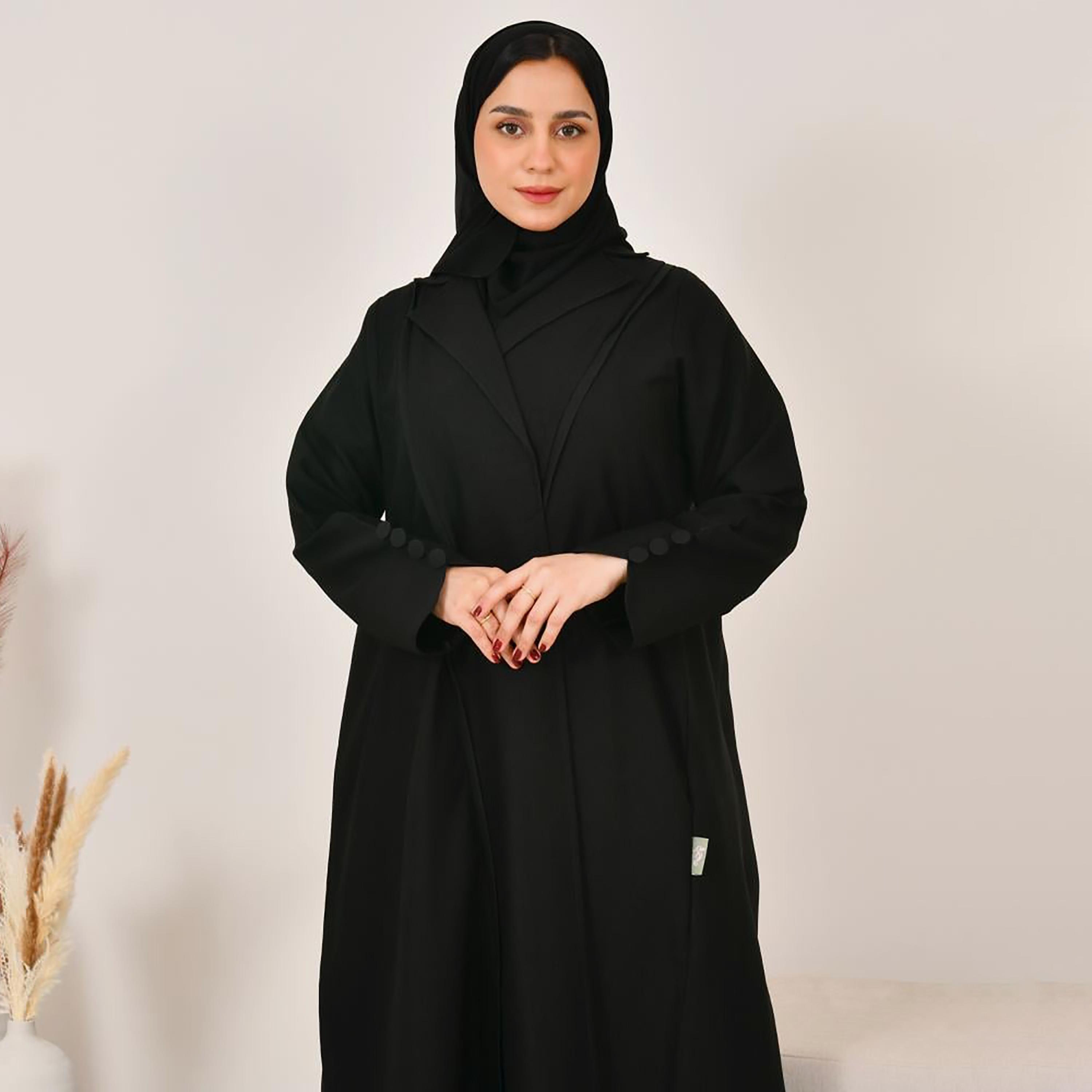 Lamha Black Notch Lapel Linen Women's Abaya with Hijab-women-arabicclothing-abayas-image-4
