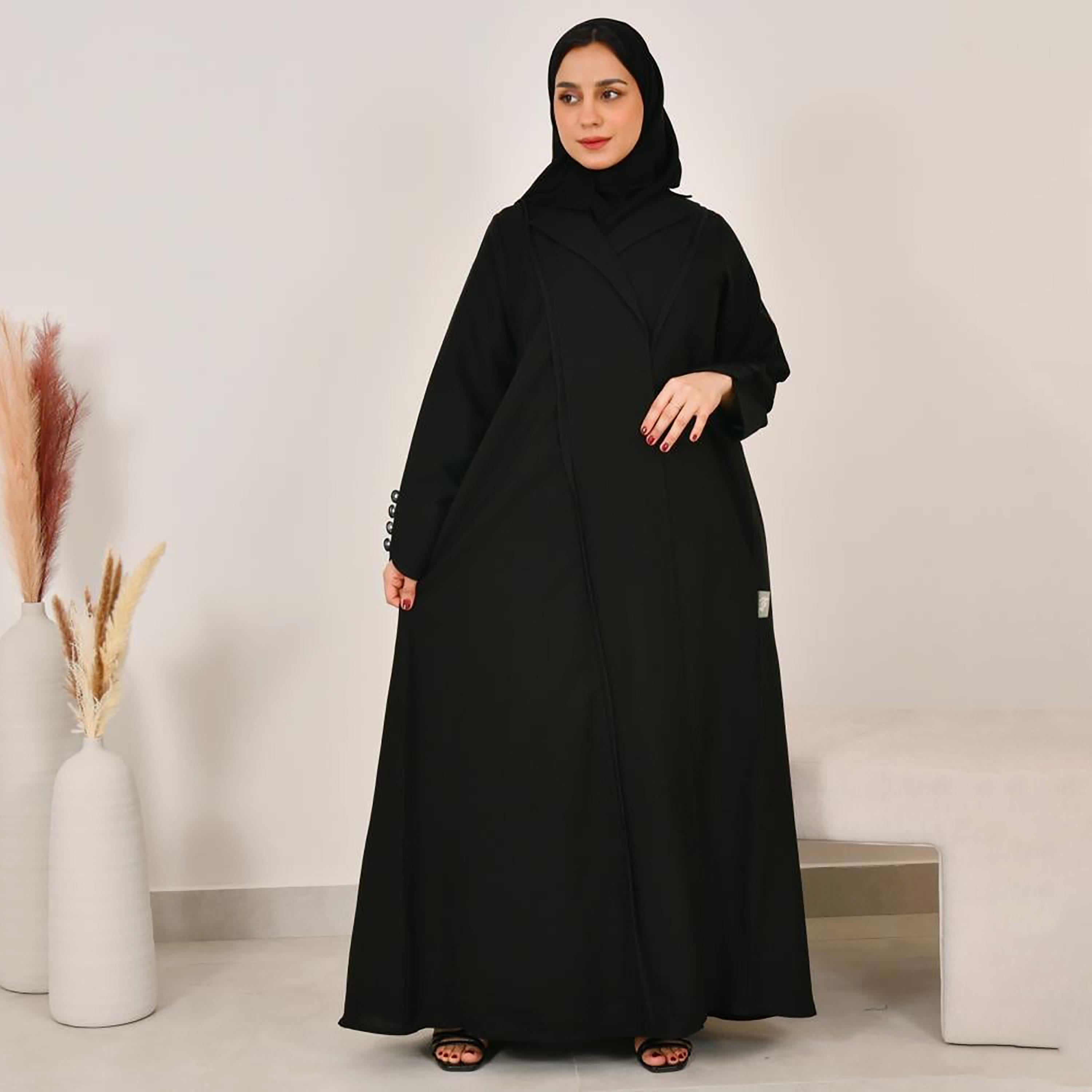 Lamha Black Notch Lapel Linen Women's Abaya with Hijab-women-arabicclothing-abayas-image-5