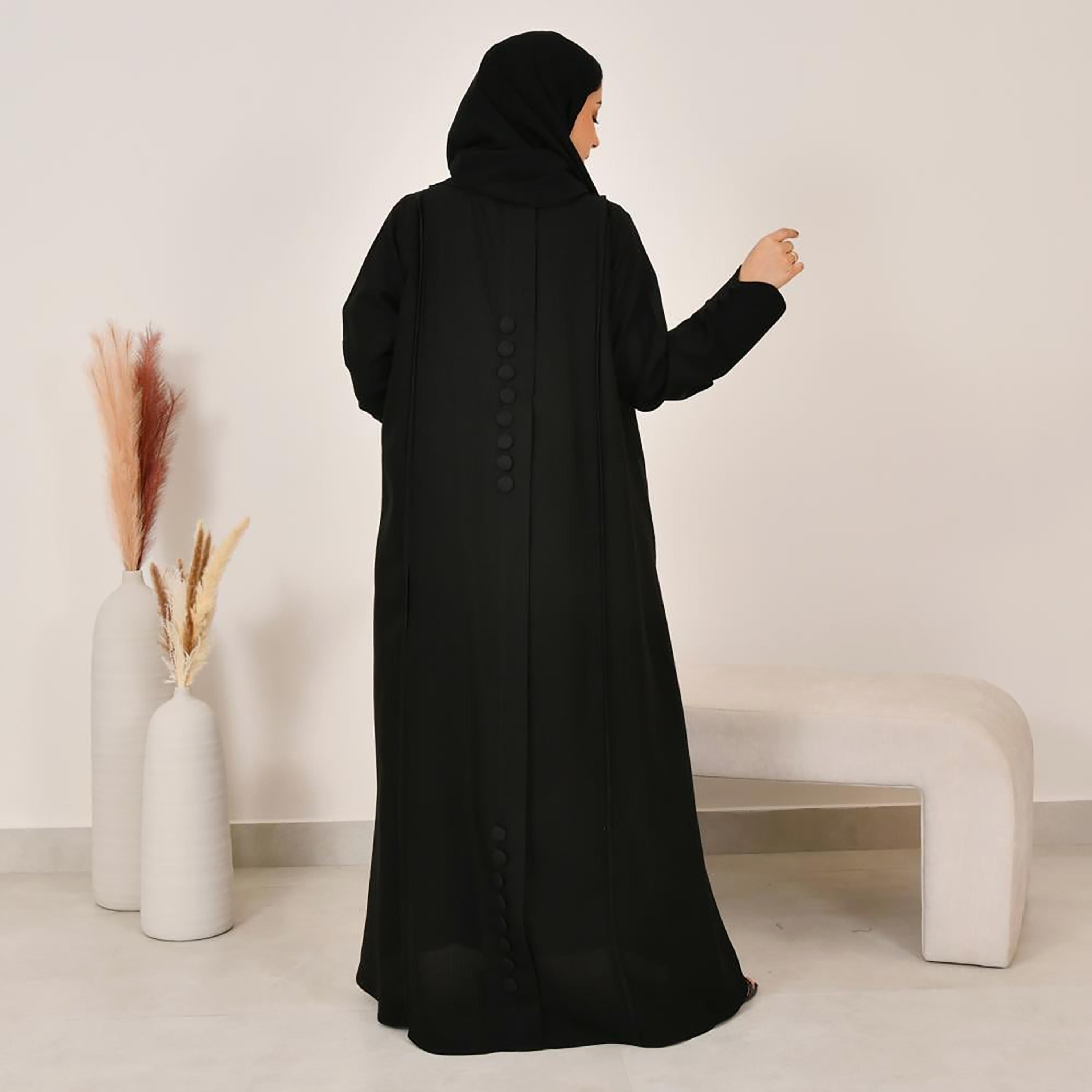 Lamha Black Notch Lapel Linen Women's Abaya with Hijab-women-arabicclothing-abayas-image-6