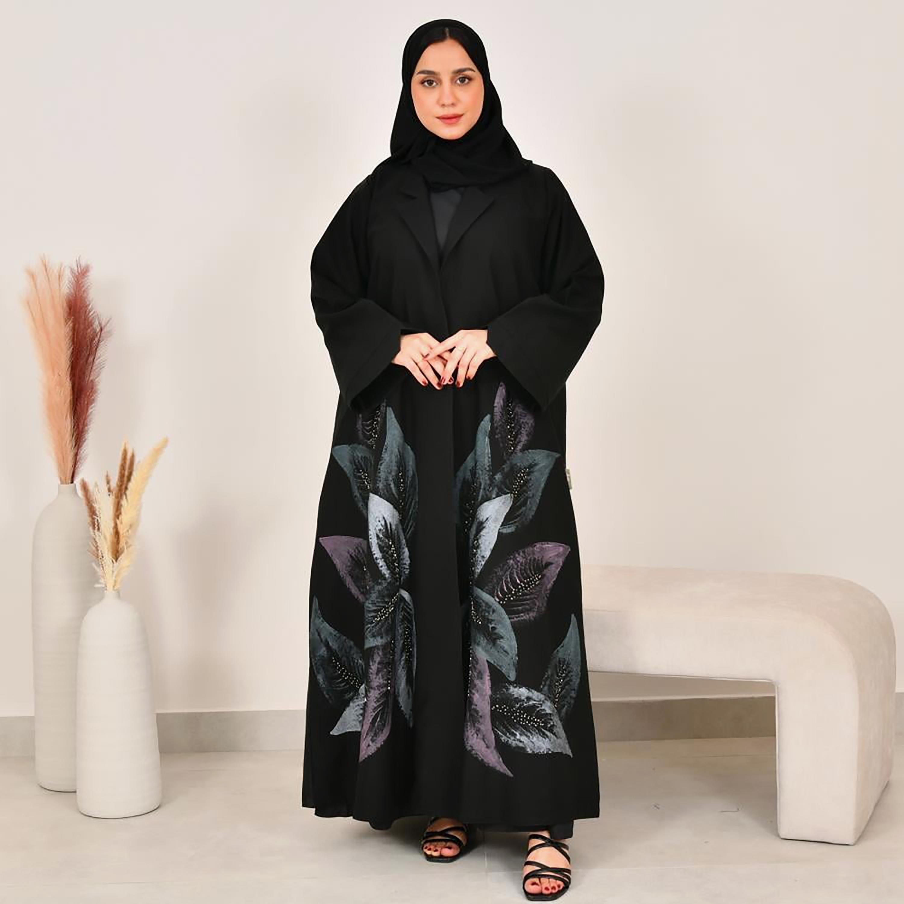 Lamha Black Leaf Print Notch Lapel Linen Women's Abaya with Hijab-women-arabicclothing-abayas-image-1
