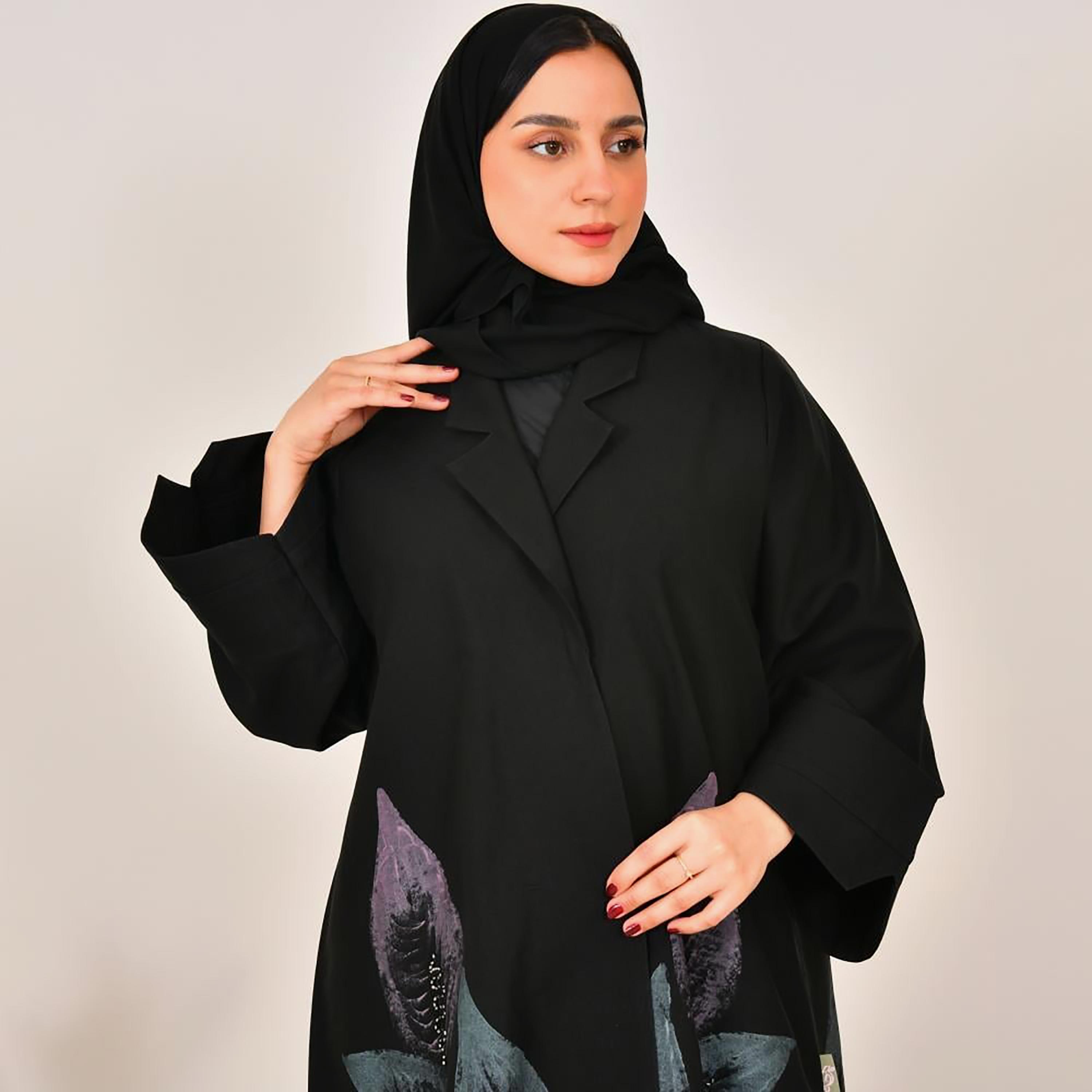 Lamha Black Leaf Print Notch Lapel Linen Women's Abaya with Hijab-women-arabicclothing-abayas-image-2