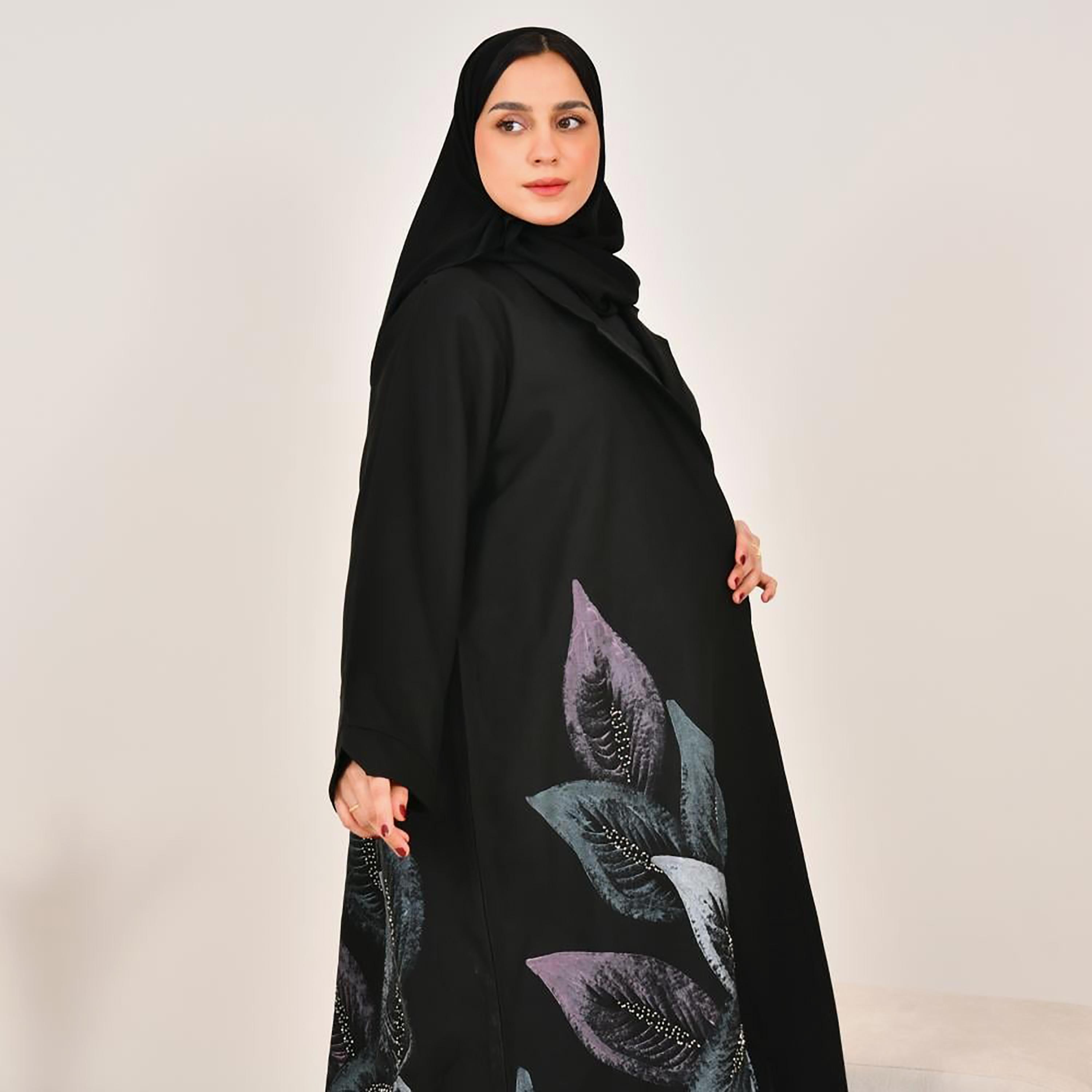 Lamha Black Leaf Print Notch Lapel Linen Women's Abaya with Hijab-women-arabicclothing-abayas-image-4