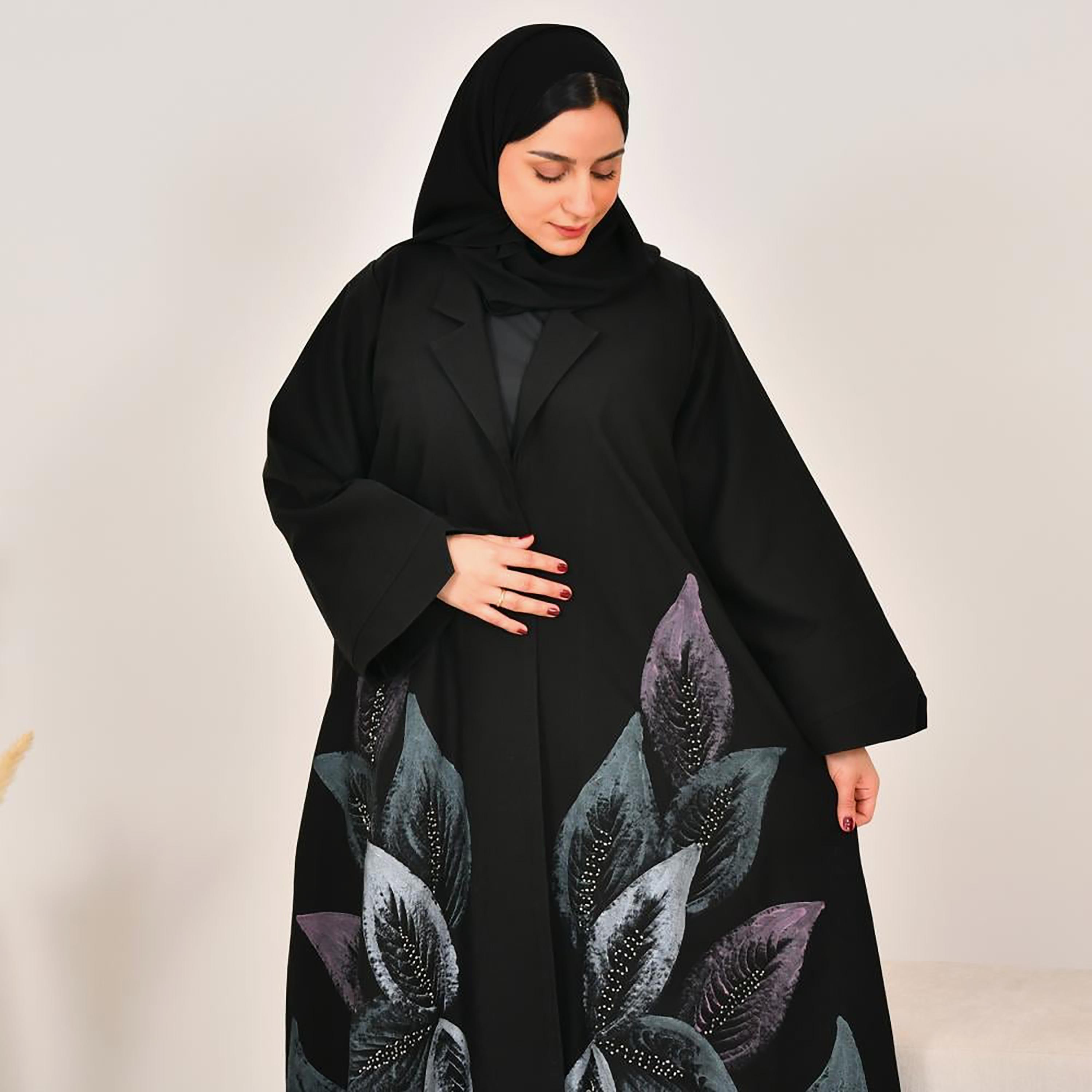 Lamha Black Leaf Print Notch Lapel Linen Women's Abaya with Hijab-women-arabicclothing-abayas-image-5