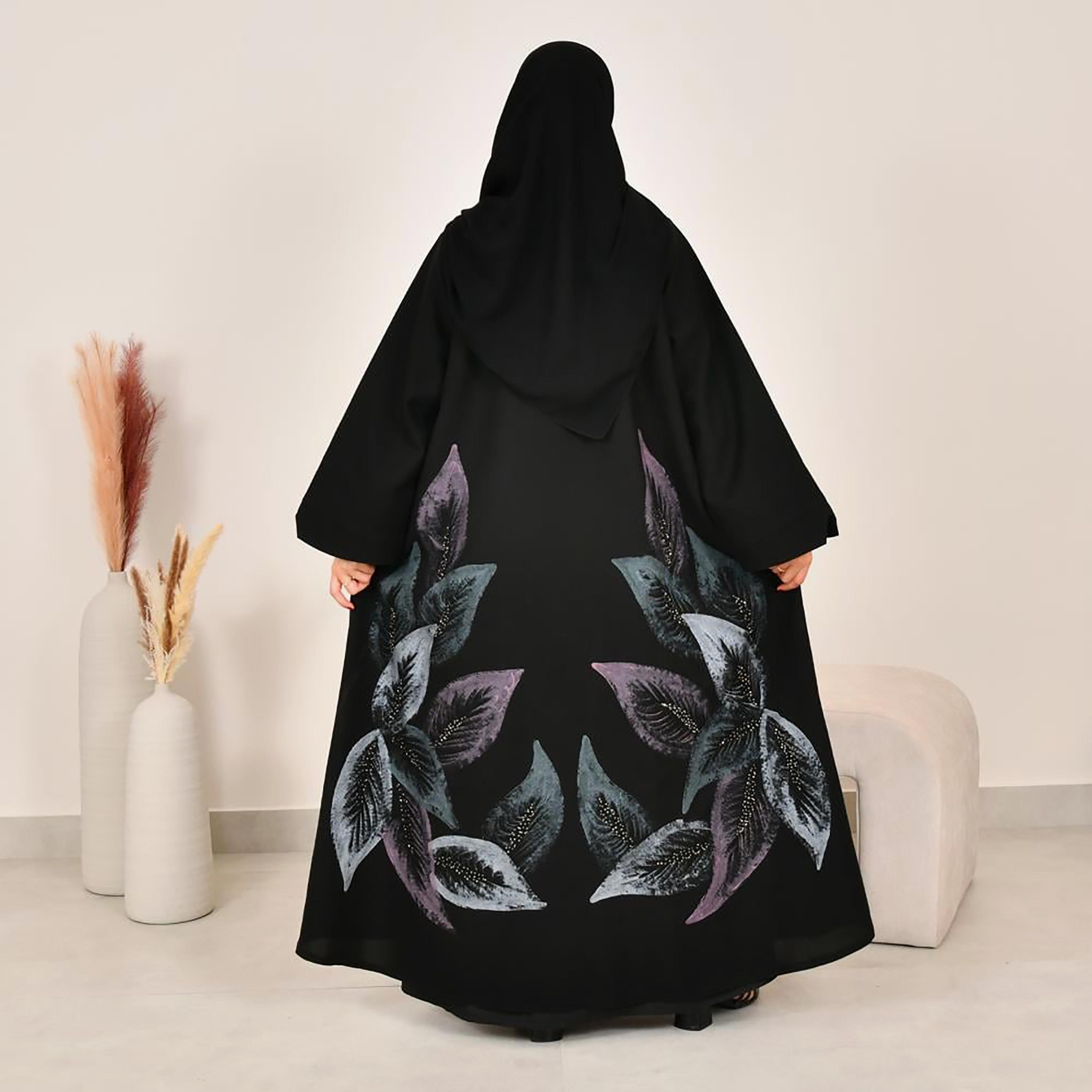 Lamha Black Leaf Print Notch Lapel Linen Women's Abaya with Hijab-women-arabicclothing-abayas-image-6