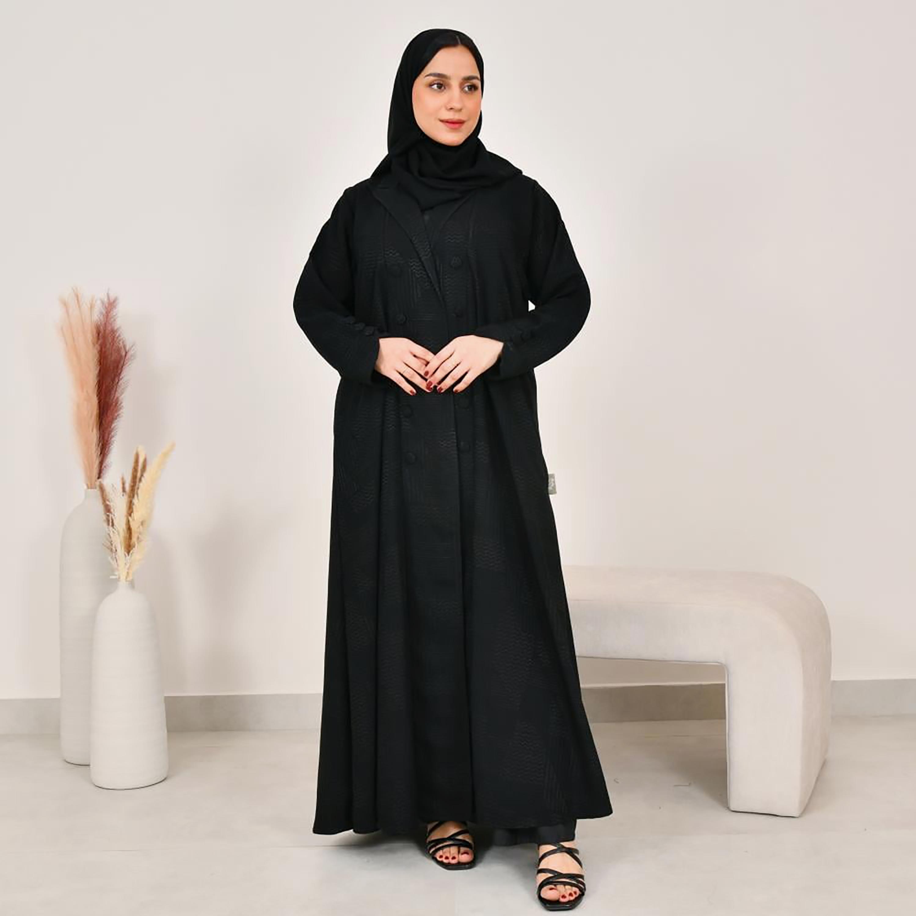 Lamha Black Notch Lapel Linen Women's Abaya with Hijab-women-arabicclothing-abayas-image-1